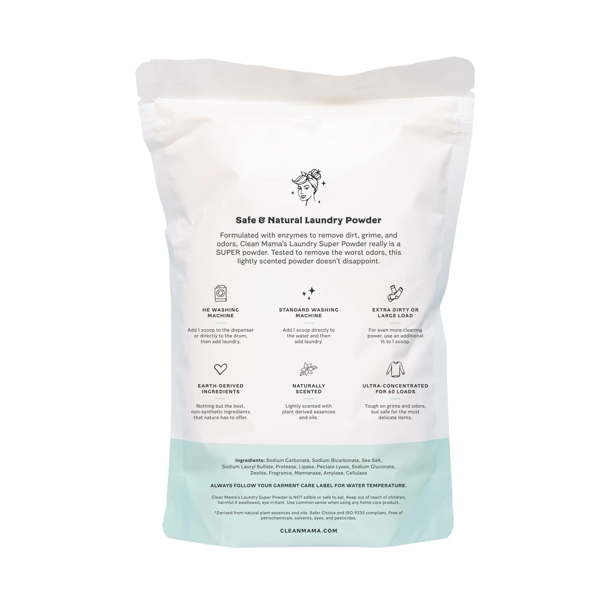 CLEAN MAMA Clean Mama Laundry Super Powder Detergent - Extra Strength Laundry Detergent Powder - Natural Laundry Detergent for Sensitive Skin - Enzyme Powered, Fights Stains & Odors - Sweet Mint, 60 Loads