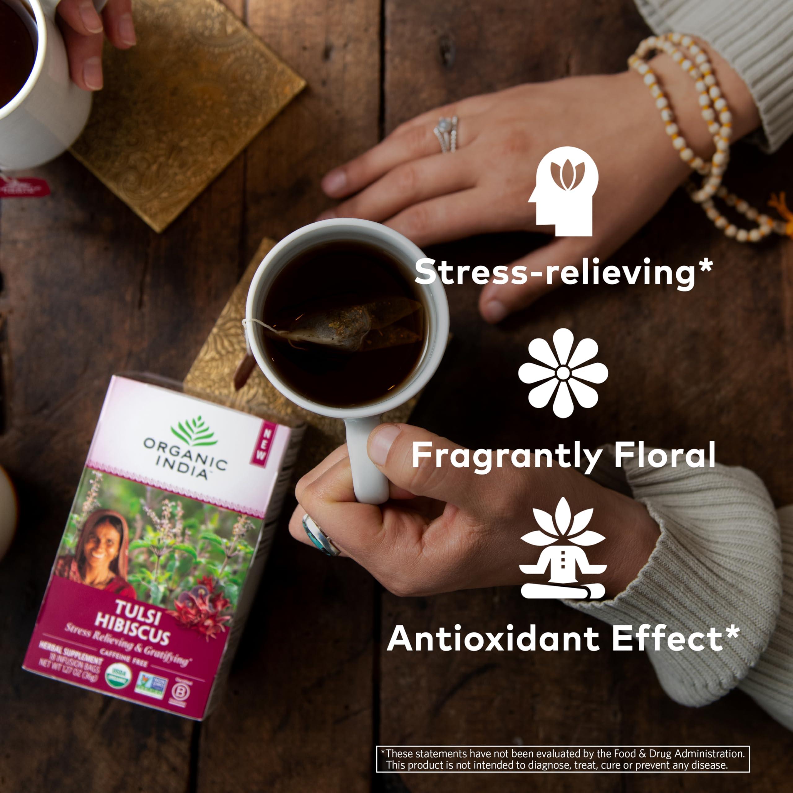 ORGANIC INDIA ORGANIC INDIA Tulsi Hibiscus Tea Bags - Holy Basil Herbal Tea, Stress Relieving, Immune Support, Adaptogen, USDA Certified Organic, Non-GMO, Calming, Caffeine-Free - 18 Infusion Bags, 1 Pack
