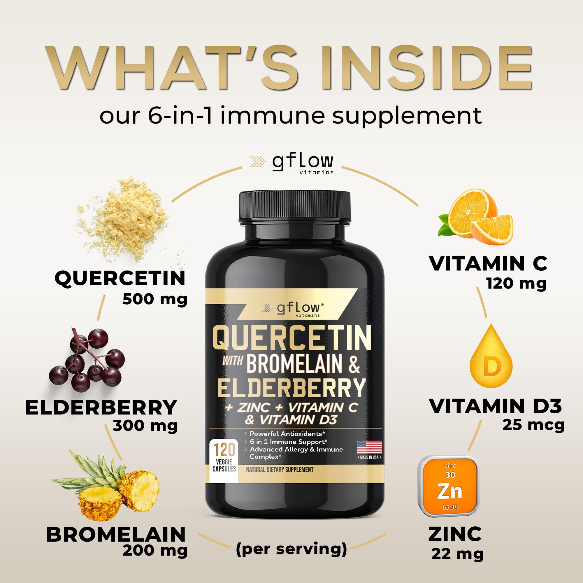gflow vitamins Quercetin with Vitamin C and Zinc - Quercetin 500mg - Quercetin with Bromelain - Zinc Quercetin - 120 Veggie Caps - Elderberry with zinc and Vitamin c for Adults (Non-GMO, Vegan) 2 Months Supply