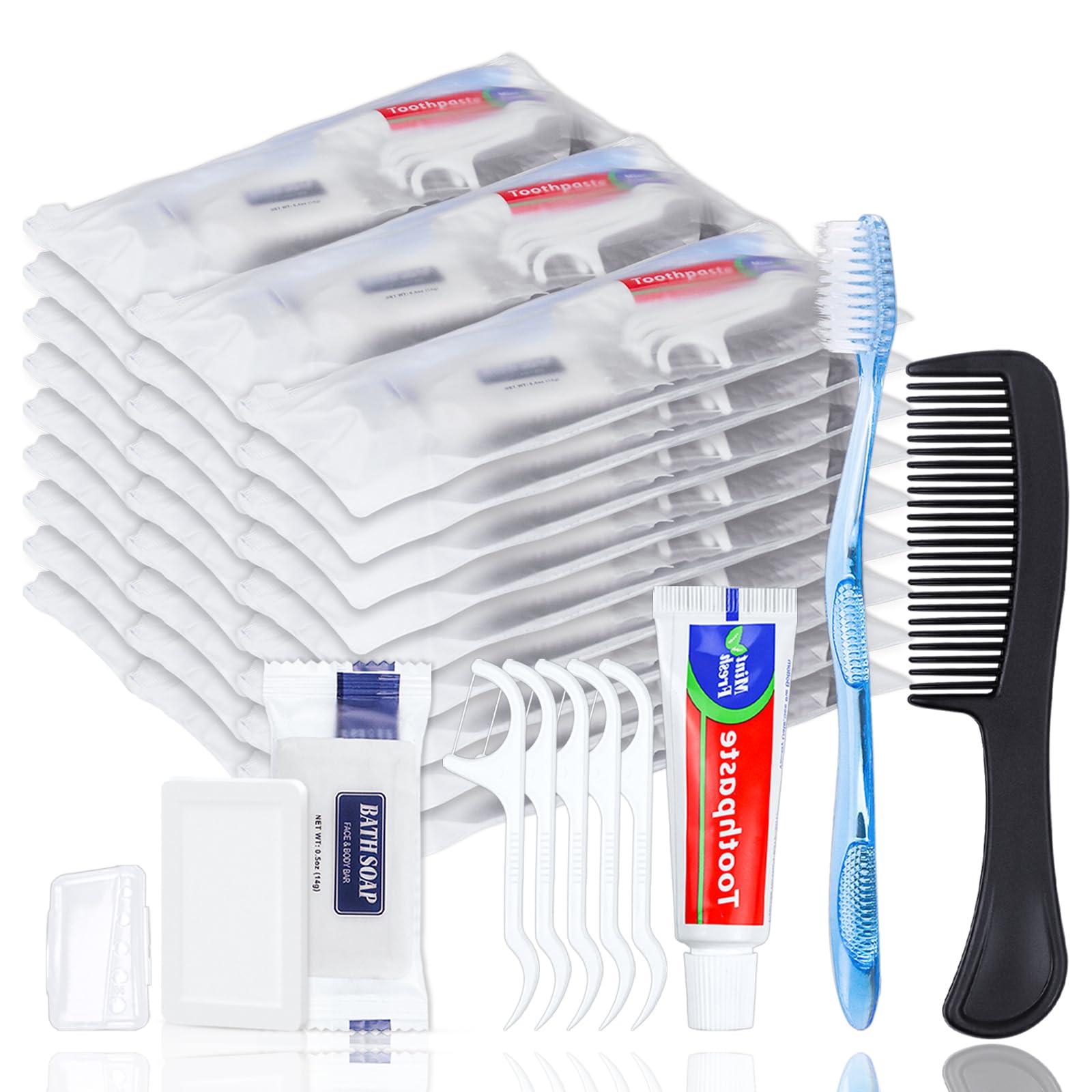 HQSLsund HQSLsund 25 Sets Personal Hygiene Kit, Disposable Toothbrushes with Toothpaste Floss Comb Soap and Cover, Toiletry Kits Homeless Bulk for Women,Men,Travel