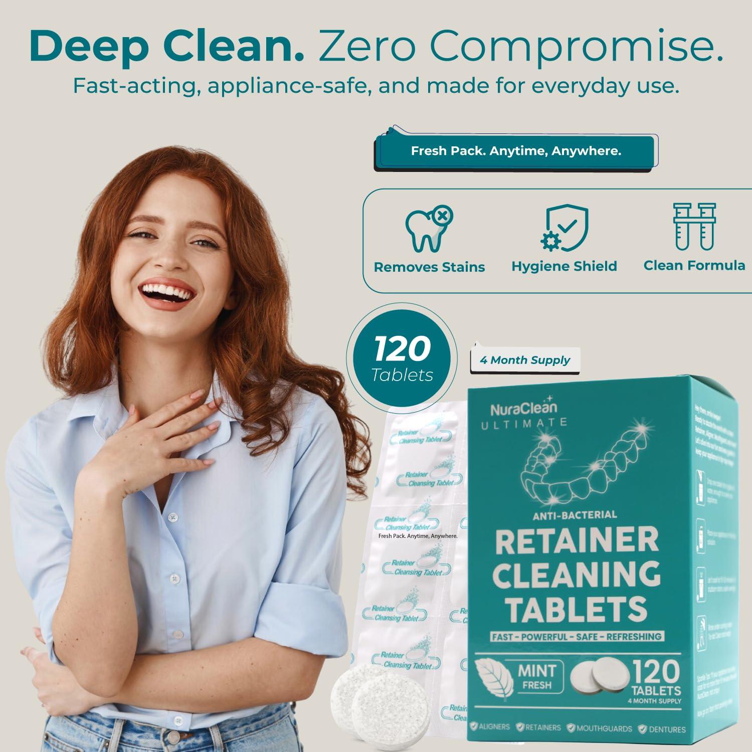 NuraClean NuraClean Ultimate Retainer Cleaner Tablets-Dental Pod, Braces Cleaner, Mouthguard Cleaning & Denture Cleaning Tablets- 120 Tablets