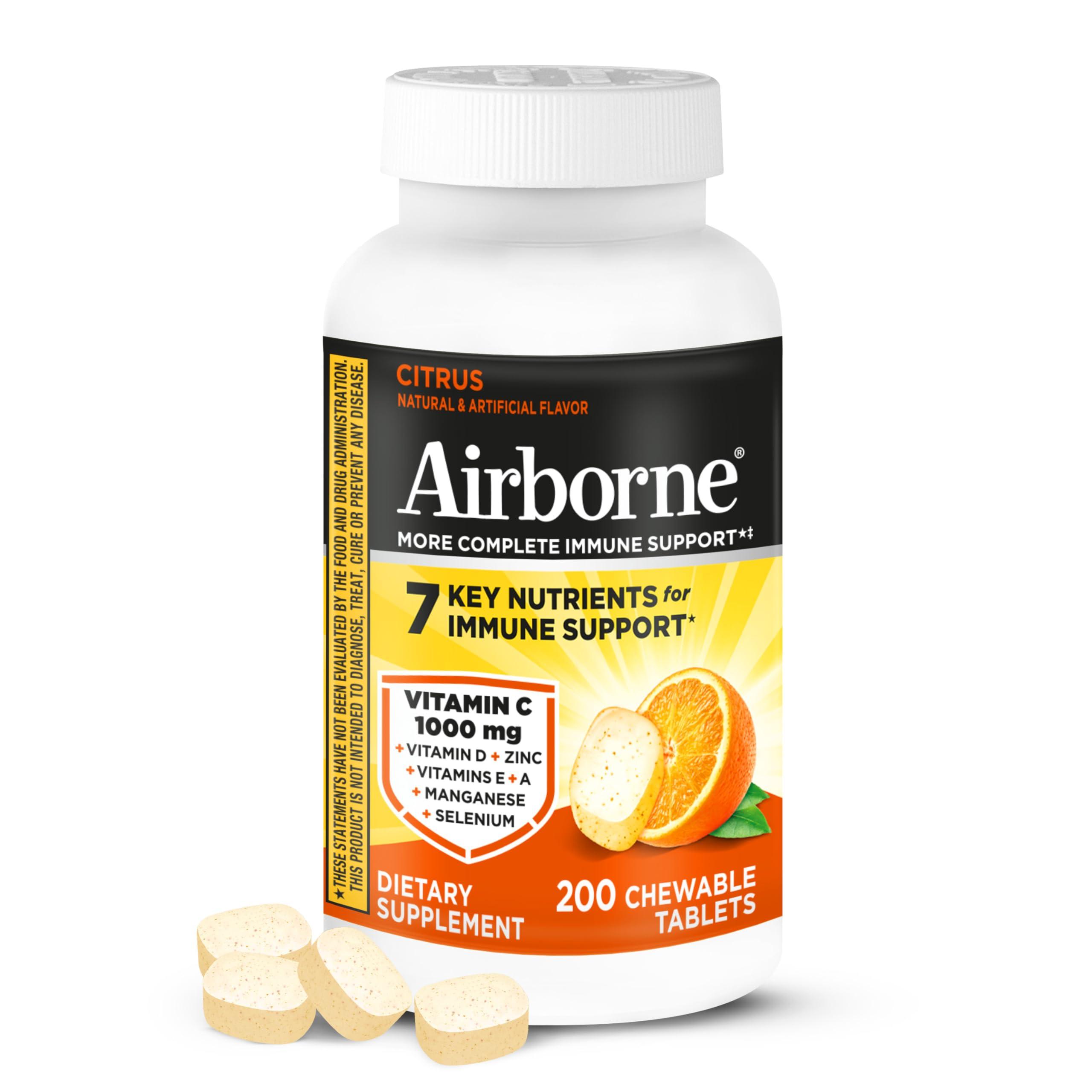 Airborne Airborne 1000mg Chewable Tablets with Zinc, Immune Support Supplement with Powerful Antioxidants Vitamins A C & E - 200 Tablets, Citrus Flavor