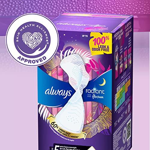 Always Always Radiant FlexFoam Pads for Women, Size 5, Extra Heavy Overnight Absorbency, 100% Leak & Odor Free Protection is Possible, with Wings, Scented, 26 Count