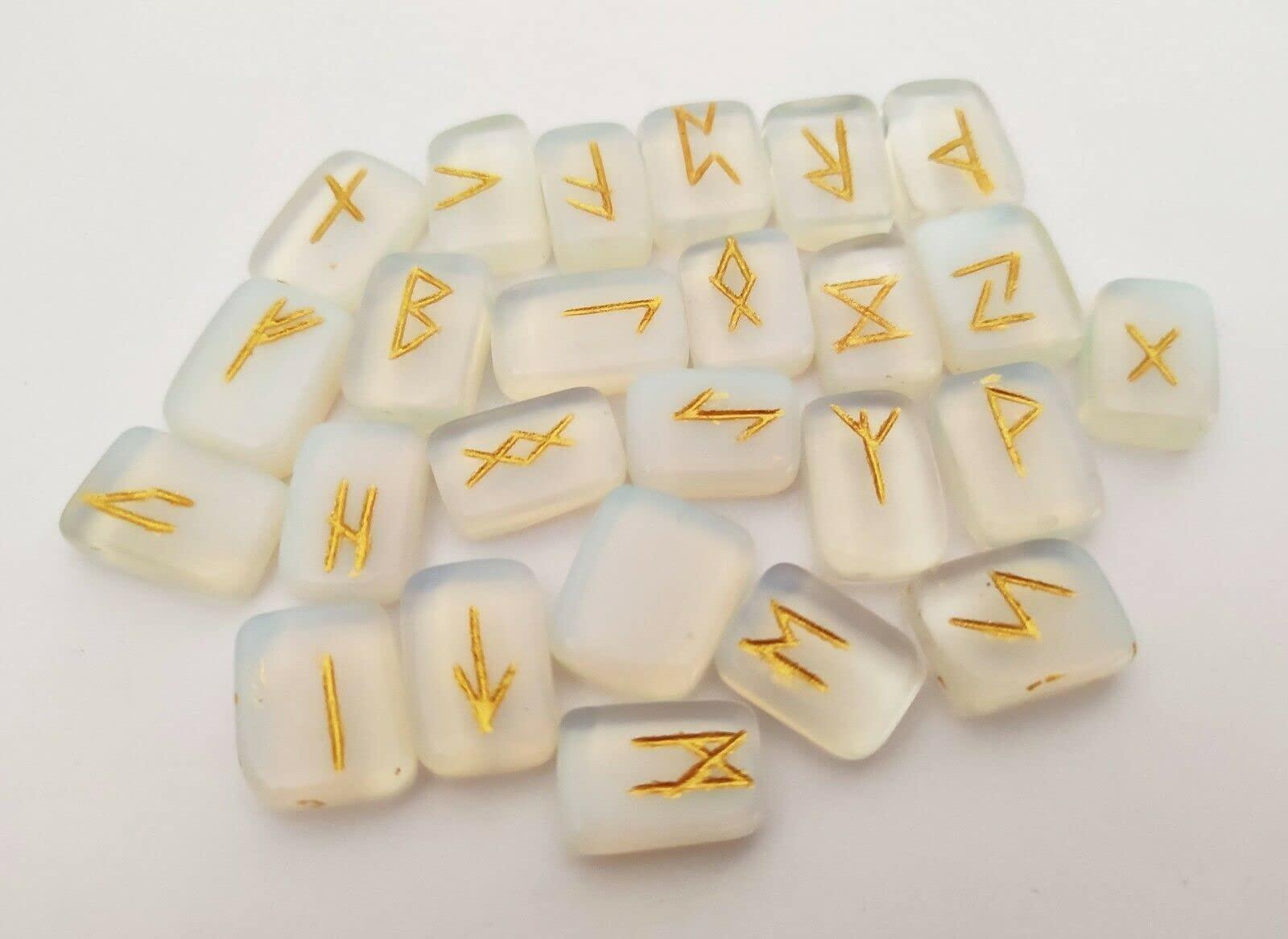 Nirdesh Nirdesh Milkey Opalite Runes Crystal Rune Stones Set Elder futhark Viking Gemstone Reiki Healing Golden Engraved Runic Alphabets with Pouch & Runic Symbol Chart Wooden