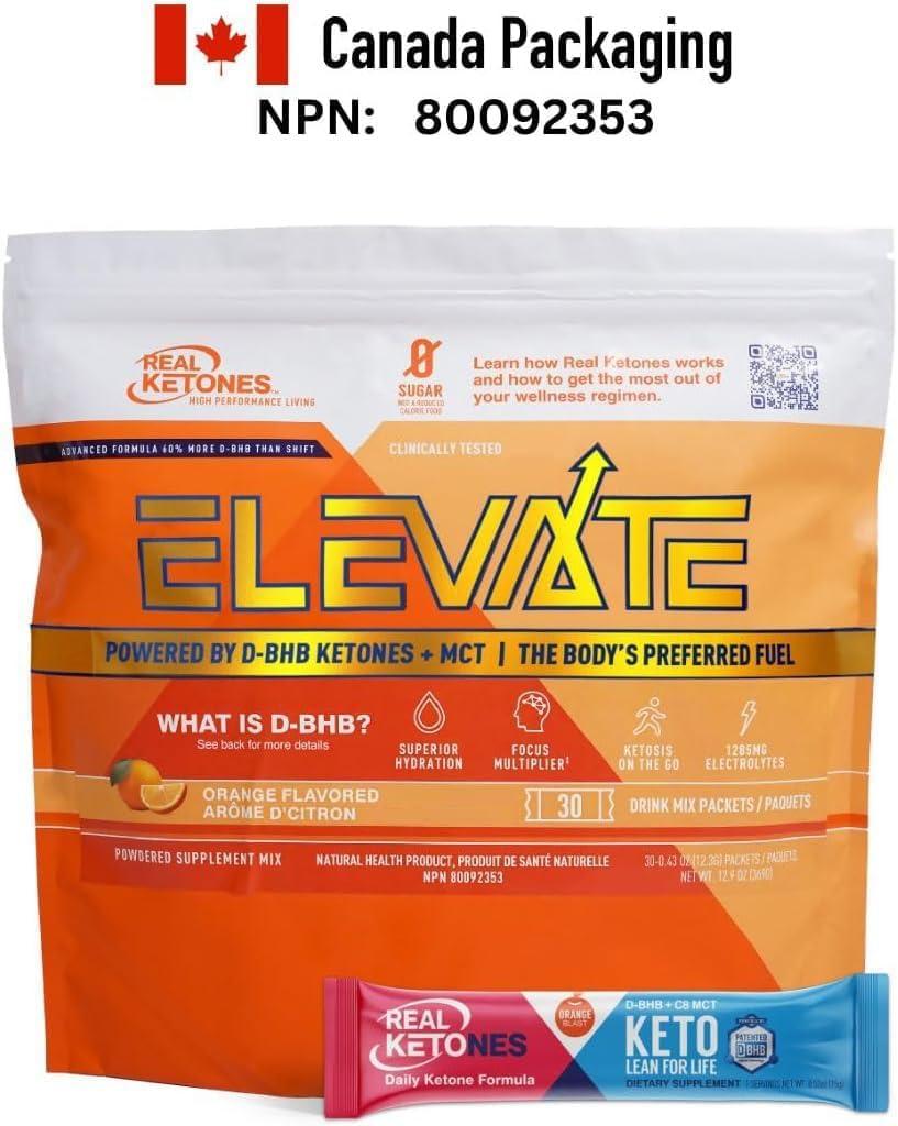 Real Ketones Real Ketones MCT & BHB Exogenous Ketones Drink Mix Packets Elevate Keto Electrolytes Powder Packets No Sugar with 4 Main Electrolytes plus Hydrating Proprietary Keto BHB - 30 Pack Orange