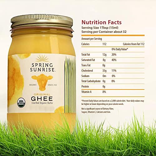 Spring Sunrise Spring Sunrise Organic Grass Fed Ghee Butter - USDA Certified Organic Clarified Butter - Paleo, Keto Friendly, Non-GMO, Gluten, & Casein Free Cooking Oil - Sustainably Sourced (16oz Jar)