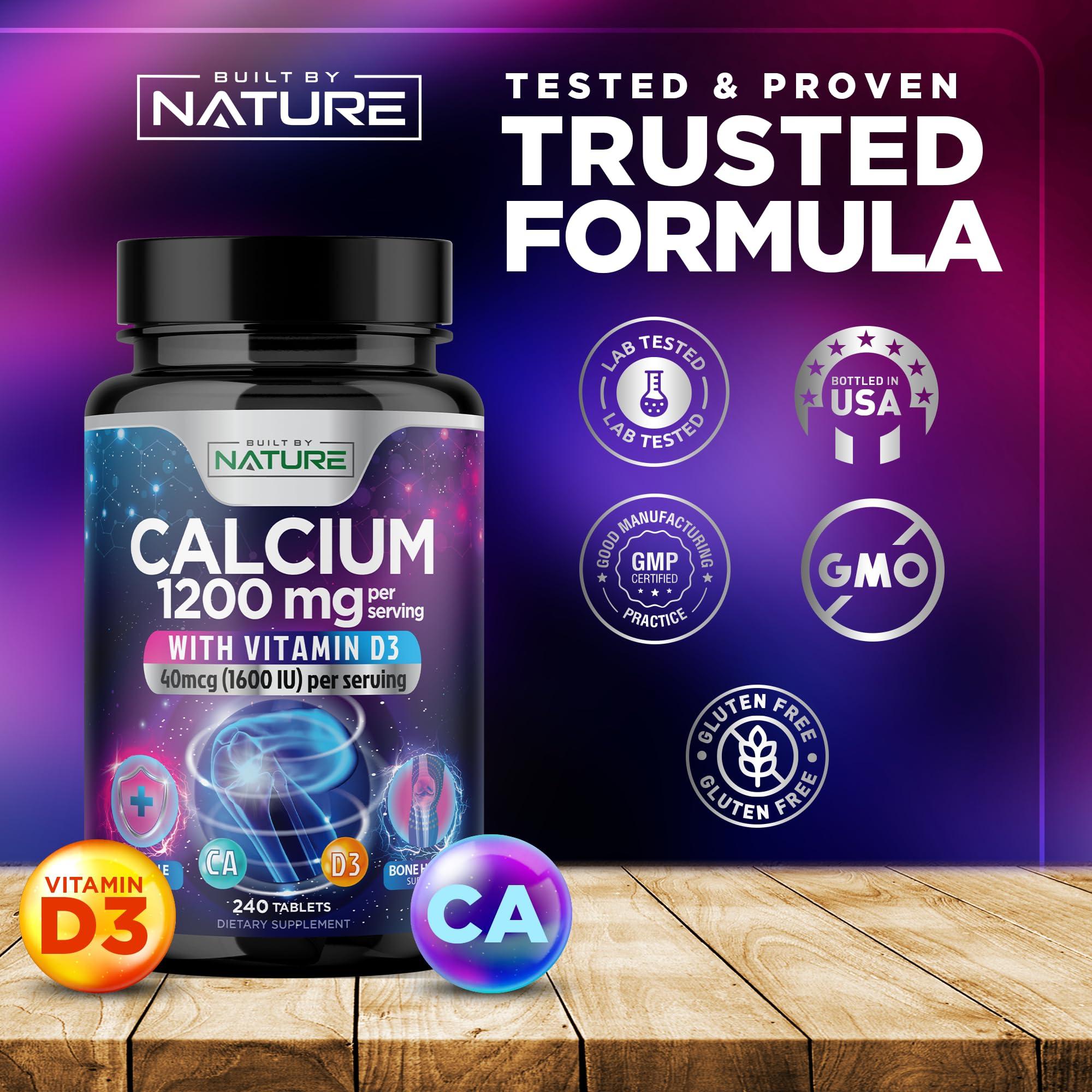 Built by Nature Calcium 1200mg with Vitamin D3 for Best Absorption - Advanced Bone Support Supplement, 1200 mg Calcium Carbonate & 1600 IU Vitamin D3, Slow Release for Immune Support, Easy to Swallow, 240 Tablets