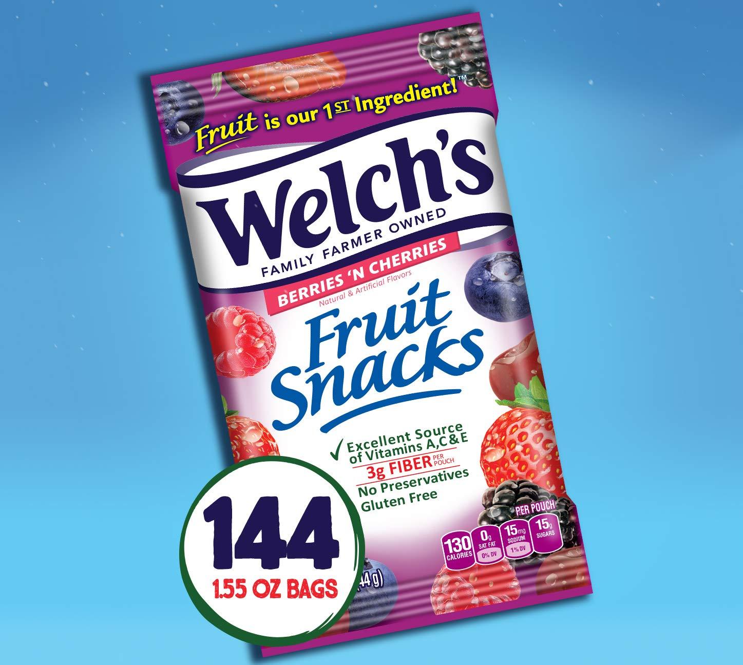 Welch\'s Welch\'s Fruit Snacks, Berries \'n Cherries, Gluten Free, Bulk Pack, 1.55 oz Individual Single Serve Bags (Pack of 144)