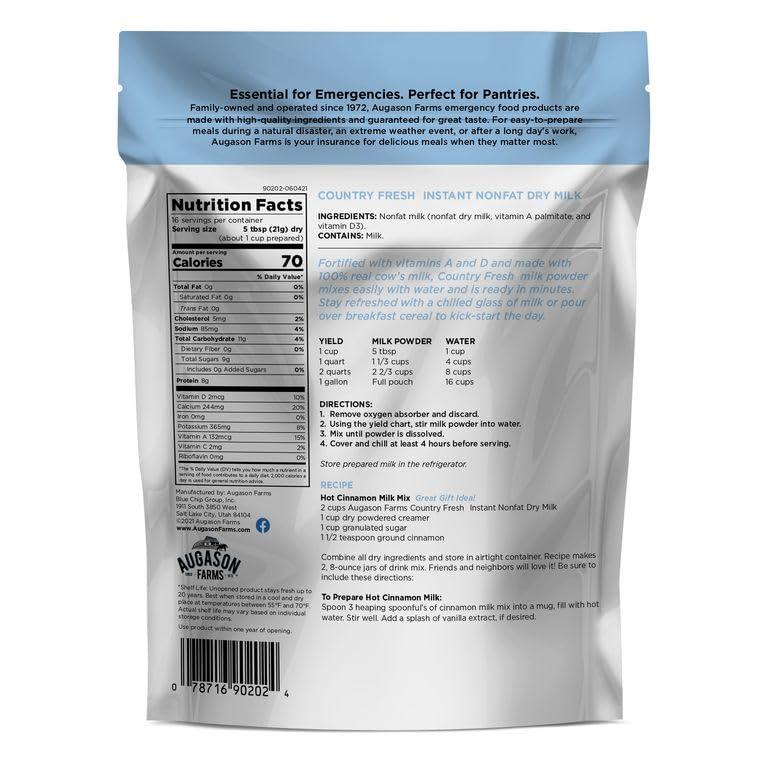 Augason Farms Augason Farms Country Fresh Instant Nonfat Dry Milk Resealable Pouch, Emergency Food Supply, Everyday Meals, 16 Servings