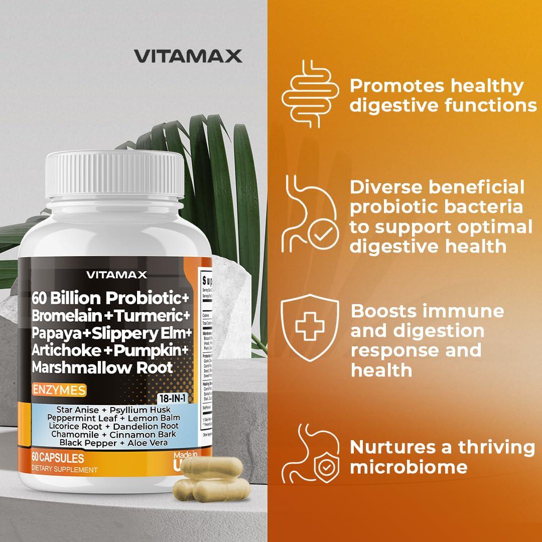 Vitamax Vitamax 60B Probiotic Digestive Gut Health Supplement - Slippery Elm, Coriander, Papaya, Turmeric, Ginger, Psyllium Husk, Licorice, Marshmallow Root - Men & Women - Made in USA (60 Count (Pack of 1)