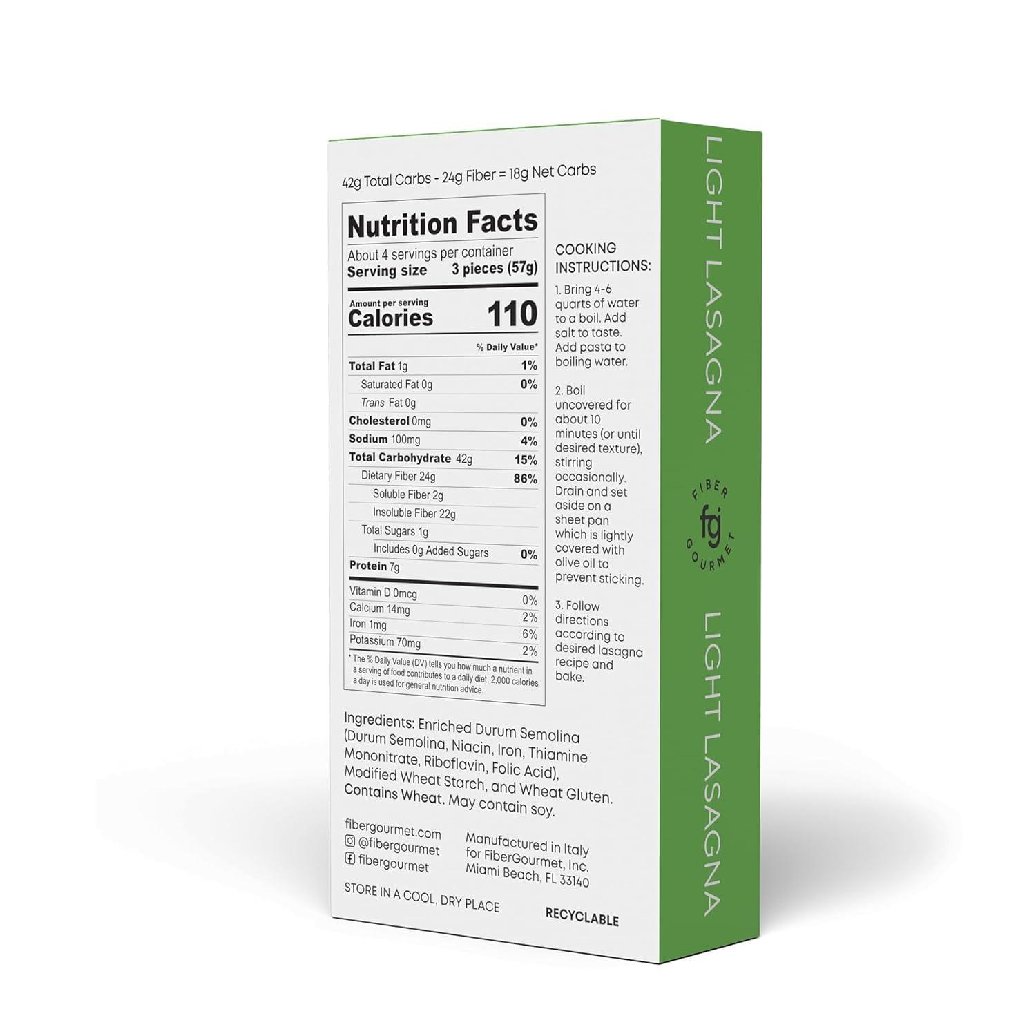 Fiber Gourmet Fiber Gourmet Pasta - Light Lasagna Pasta - Low Net Carb, Fiber-Rich, Low Calorie, Healthy Pasta - Made in Italy, Kosher, Vegan, Non-GMO - 8 Oz, Pack of 2