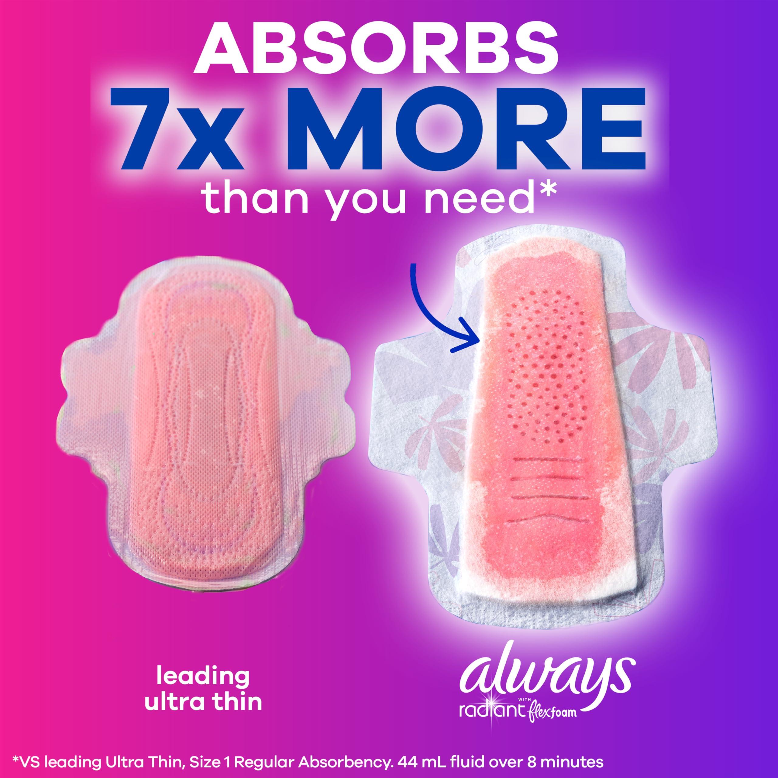 Always Always Radiant Feminine Pads for Women, Size 1 Regular, with Wings, Scented, 42 CT
