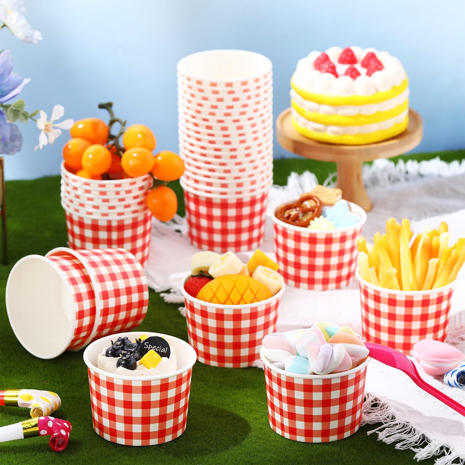 Sieral Sieral 9 Oz Ice Cream Cups Paper Bowls Disposable Gingham Cups Bulk Picnic Dessert Bowl Buffalo Plaid Snack Paper Cup Checkered Paper Party Cup for Hot or Cold Food(Red, 50 Pack)