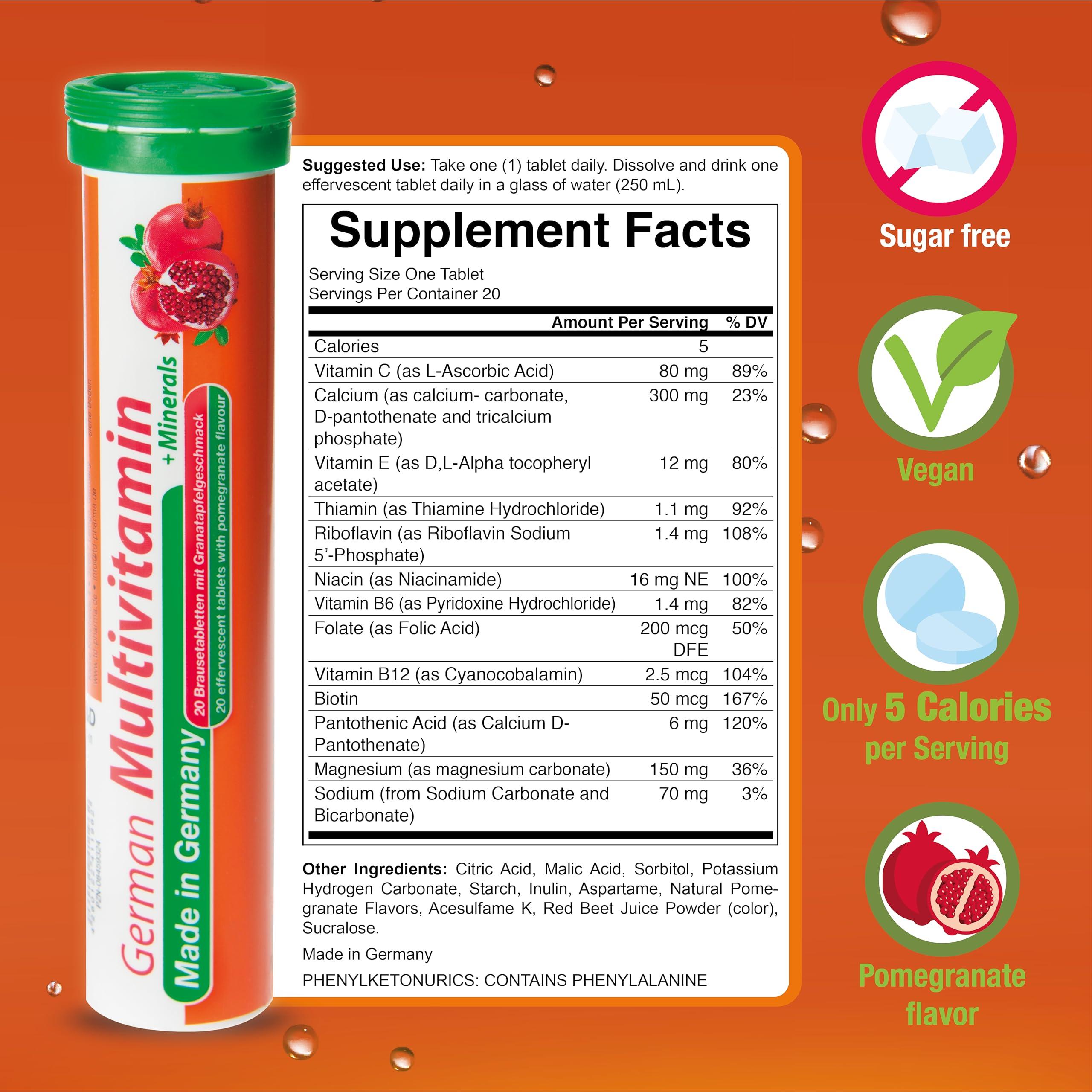 T&D T&D German Multvitamin + Minerals 10 Vitamins 2 Minerals - 40 Vegan Drink Effervescent Tablets - Pomegranate Flavor - Made in Germany