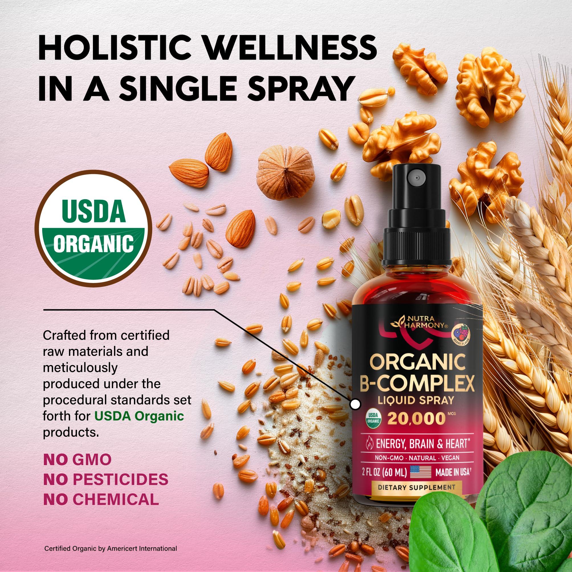 NUTRAHARMONY USDA Organic Vitamin B-Complex Liquid Spray 8-in-1 - B5 Pantothenic Acid | B12 Methylcobalamin | B1 Thiamine | B6 Pyridoxine | B7 Biotin | B9 Folic | B3 Niacinamide - Made in USA Supplement, 2fl oz