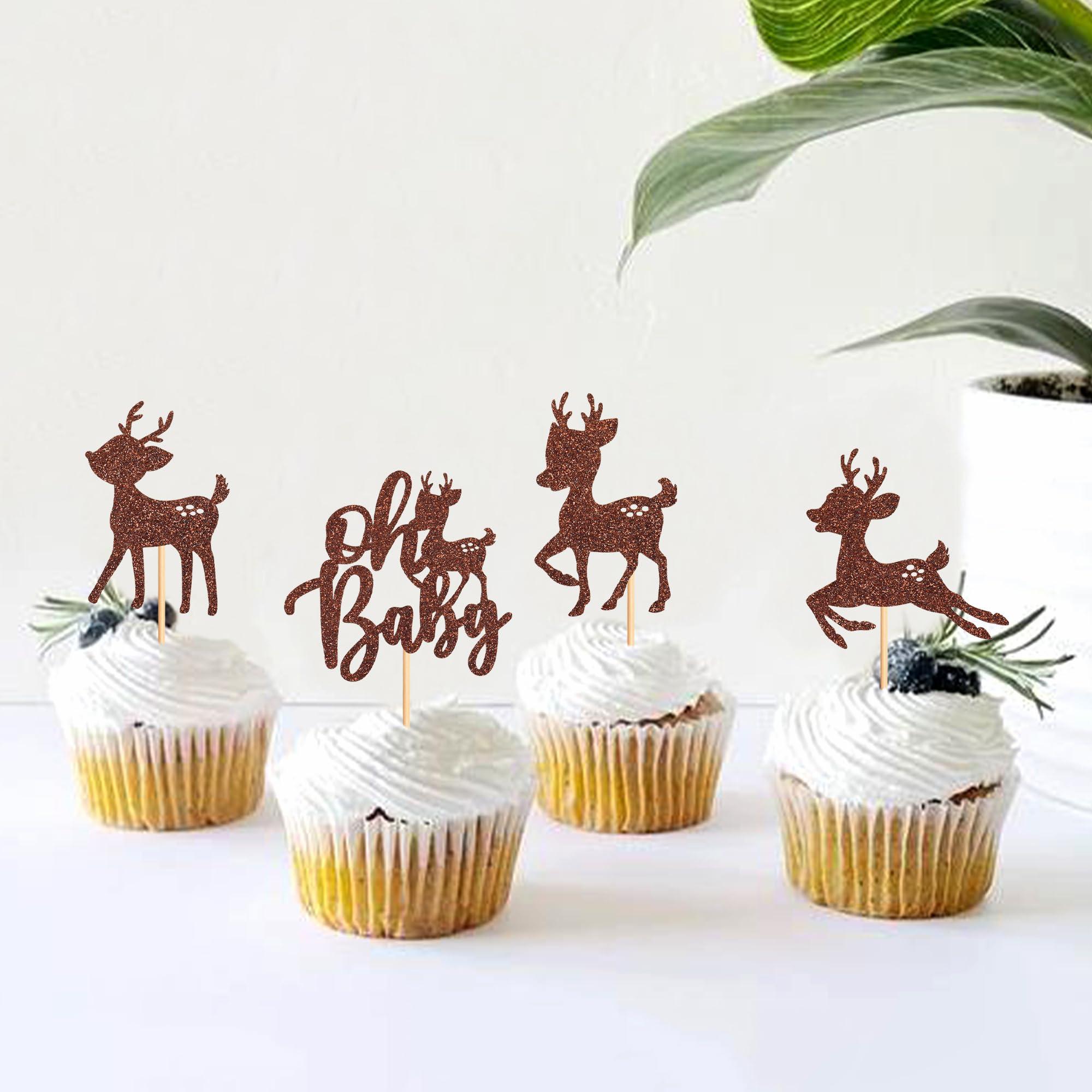Ercadio Ercadio 36 Pack Deer Cupcake Toppers Brown Glitter Deer Oh Baby Cupcake Toppers Deer Cupcake Picks for Christmas Theme Deer Birthday Baby Shower Cake Decoration Supplies