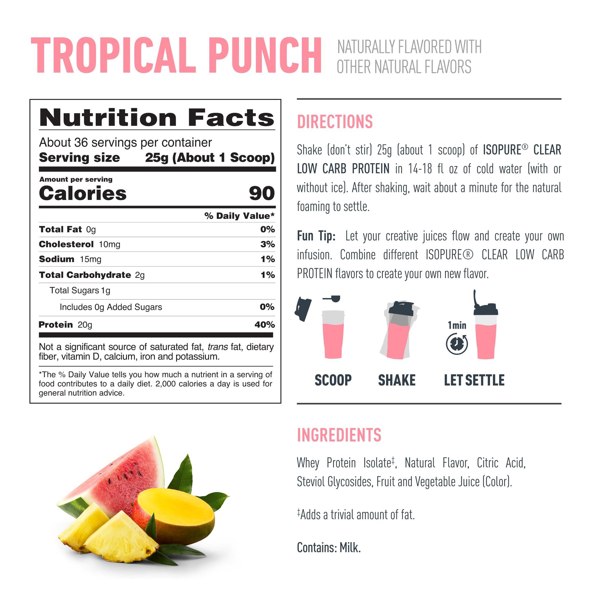 Isopure Isopure Clear Whey Isolate Protein Powder Infusions, Lactose Free, Gluten Free, Naturally Flavored, Tropical Punch, 20g Protein Per Serving, 1.9 Lbs, 36 Servings