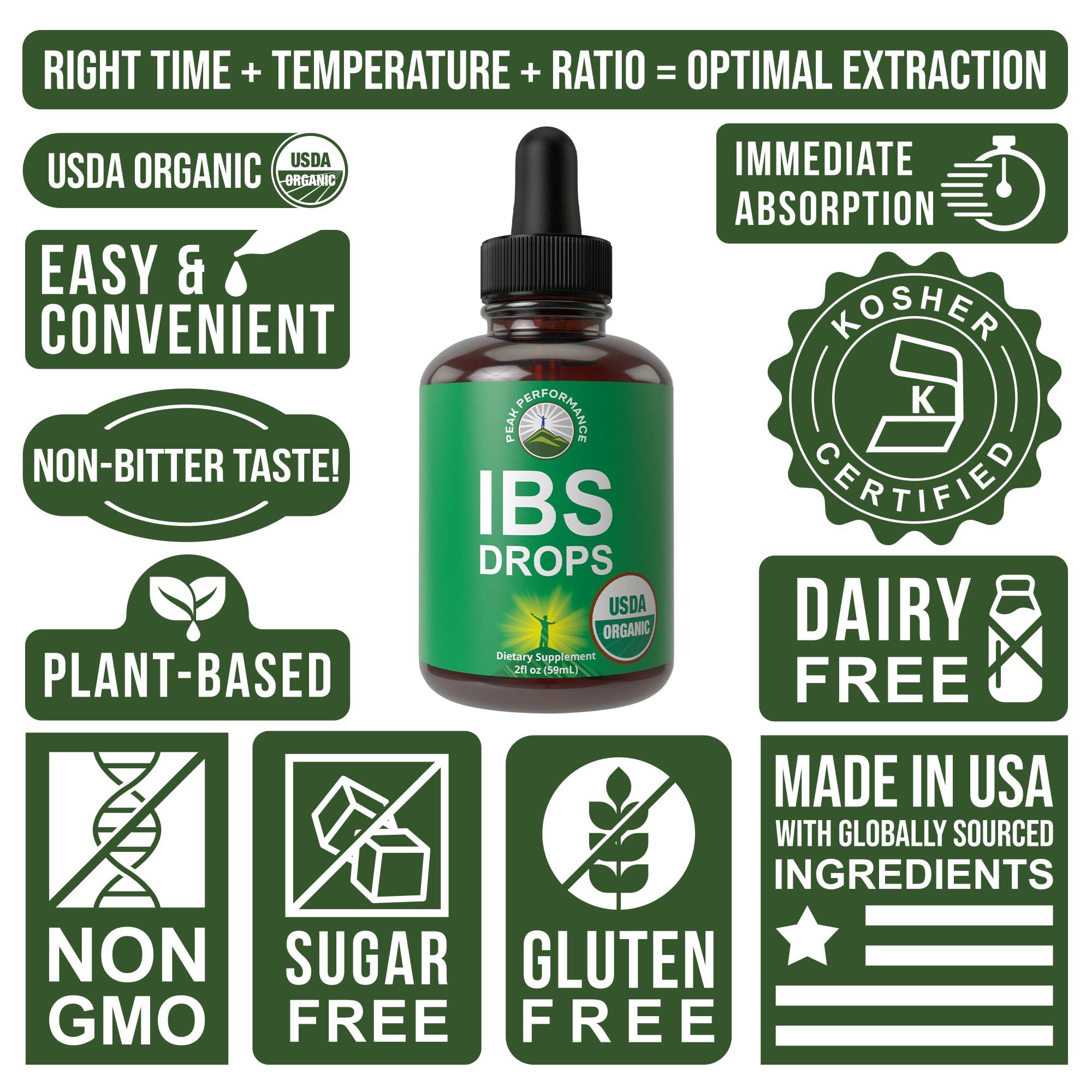 Peak Performance USDA Organic IBS Relief 5-In-1 Liquid Drops. For Ingestion, Bloating, Gas. Irritable Bowel Supplement With 5 Organic Ingredients. Peppermint Oil, Fennel Seed, Chamomile Flower, Rosemary, Holy Basil