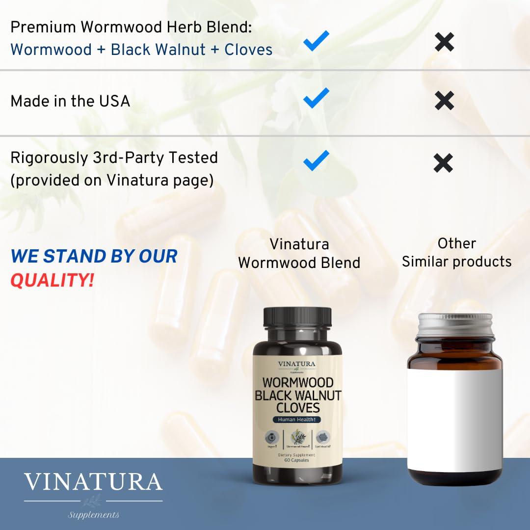 VINATURA VINATURA Wormwood Black Walnut Clove Capsules - Cleanse, Detox, Intestinal Guard Formula Supplement for Humans, with Wormwood herb, Black Walnut Extract Combination, 60 Capsules