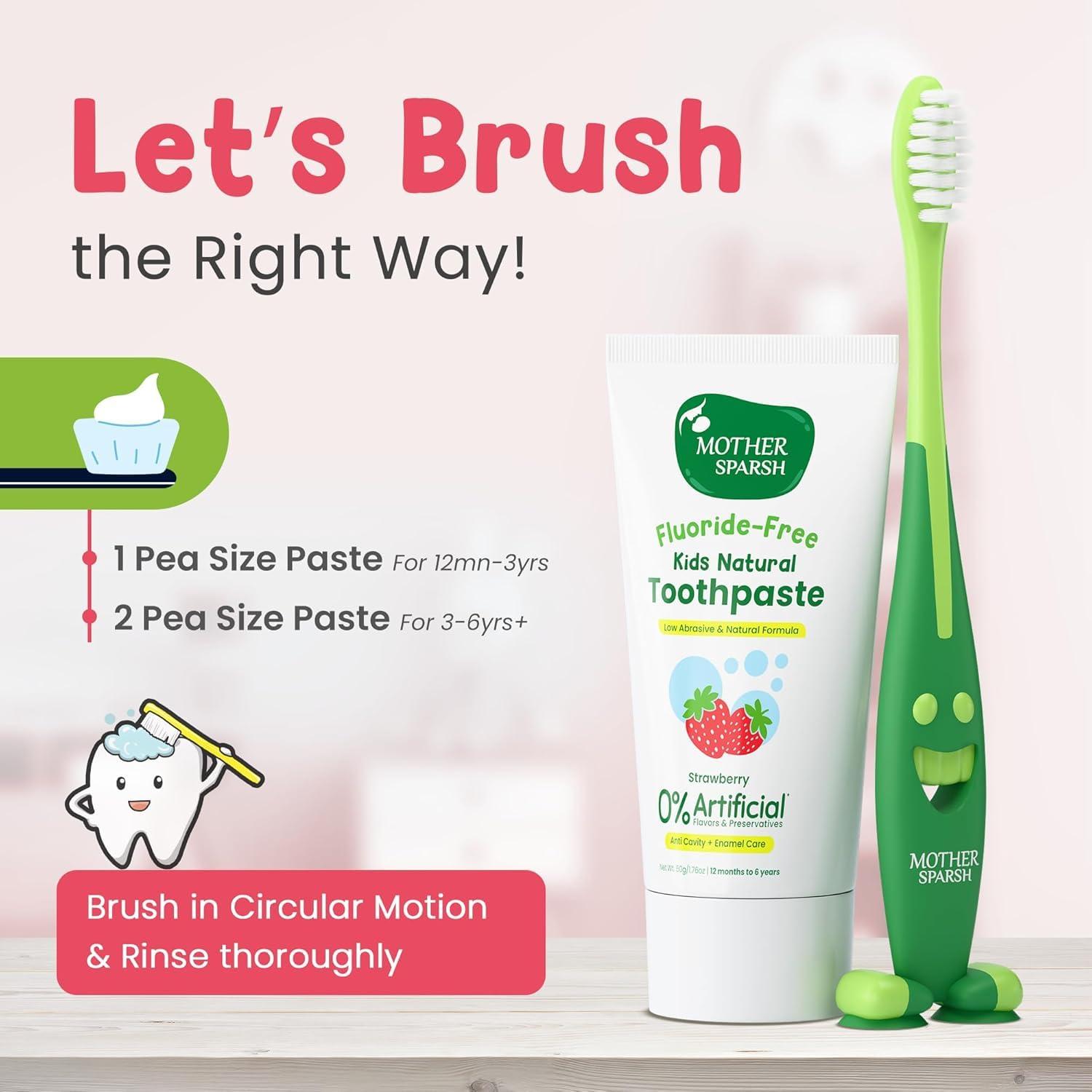 Mother;Sparsh Mother;Sparsh Natural Toothpaste for Kids-50g (with Free Toothbrush), Strawberry (Pack of 2) | Strengthens Gums, Whitens Teeth | Anti Cavity Baby Toothpaste Free from Preservatives & Fluoride