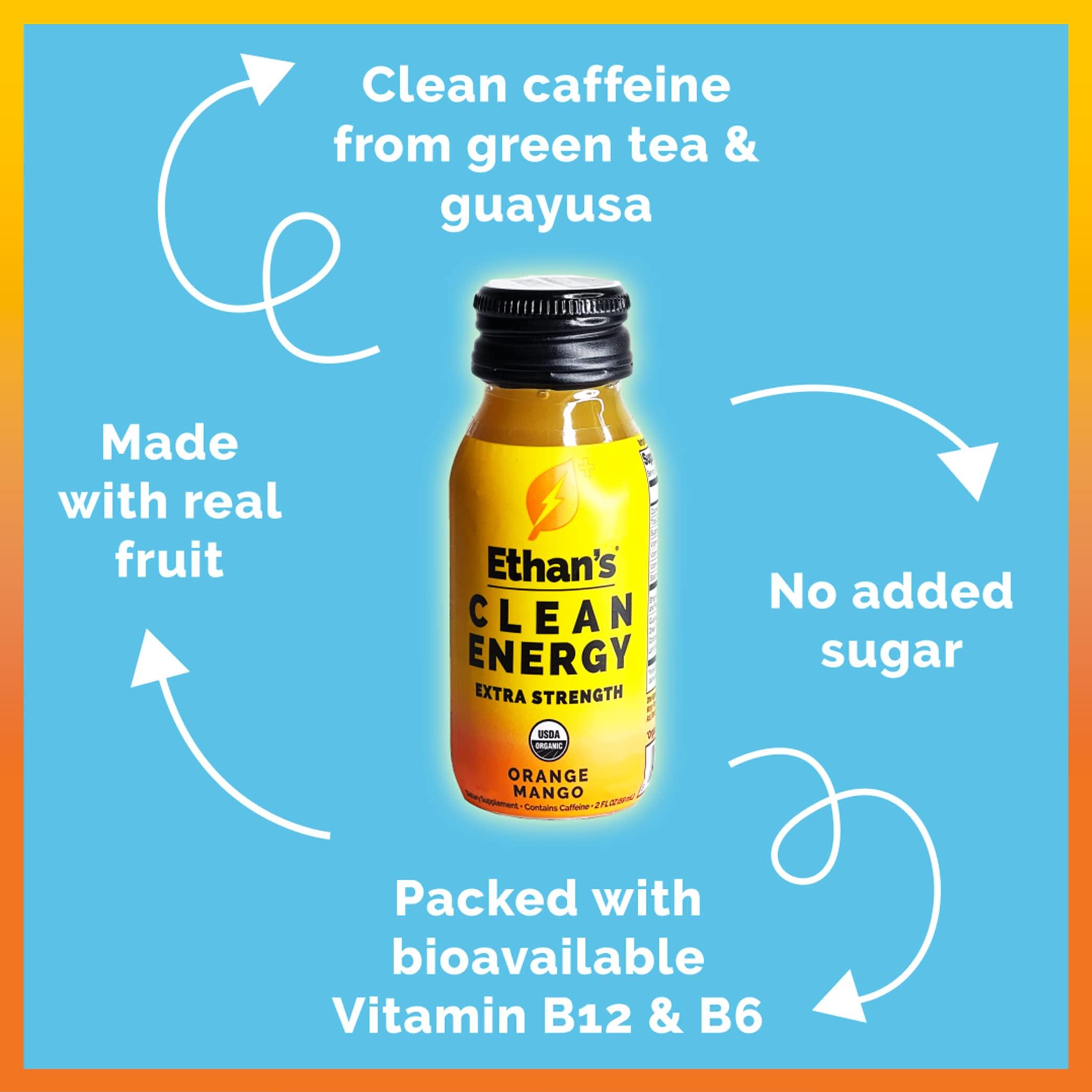 Ethan\'s Ethan\'s Organic Clean Energy Shots Orange Mango, Sugar Free Natural Pre-Workout Focus Boost, Gluten Free, Vegan, B6 & B12 Vitamin C with Green Tea Extract and Guayusa (12 Pack of 2oz Shots)