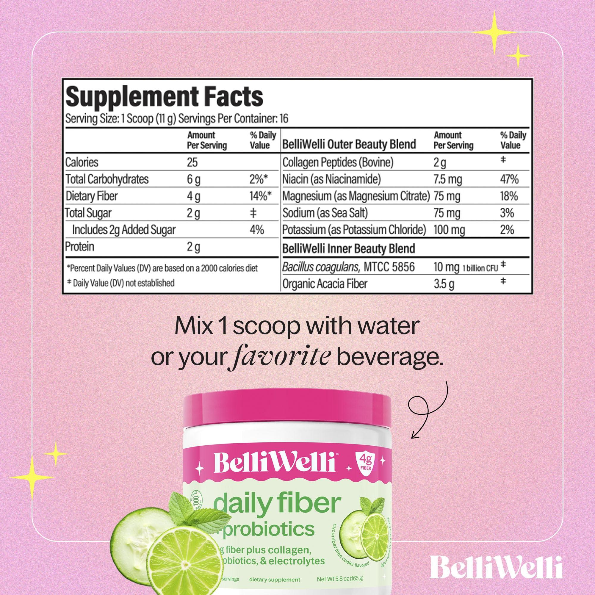 Belli Welli Belli Welli Daily Fiber Supplement with Added Collagen, Probiotics and Electrolytes | Supports Digestive Health and Regularity | Cucumber Lime Cooler | 16 Servings