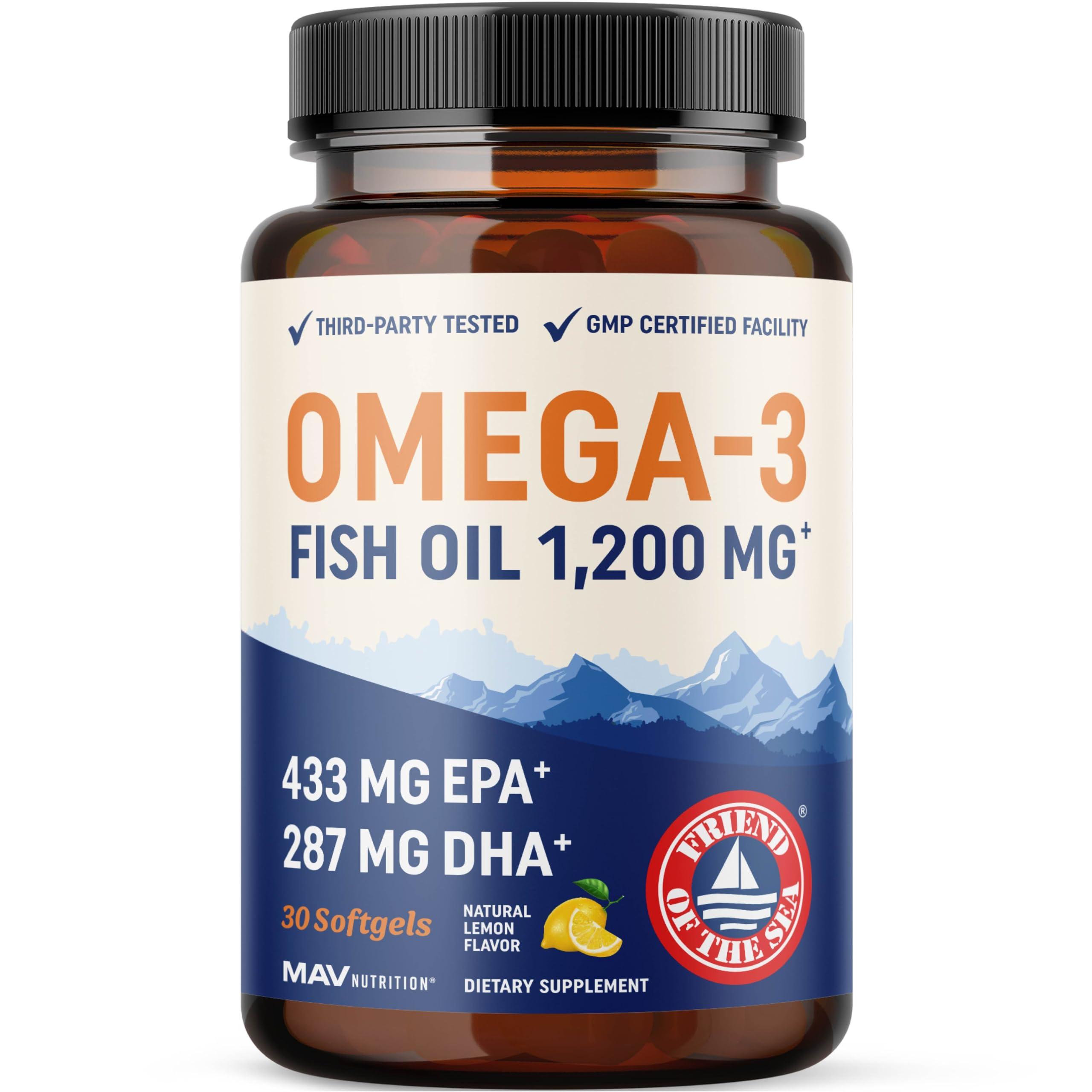 MAV NUTRITION Triple Strength Omega 3 Fish Oil 1200 mg | EPA & DHA | Wild Caught, Sustainably Sourced Omega-3 Fatty Acids | Premium Burpless Fish Oil Supplements | Non-GMO, Third-Party Tested | 30 Softgels