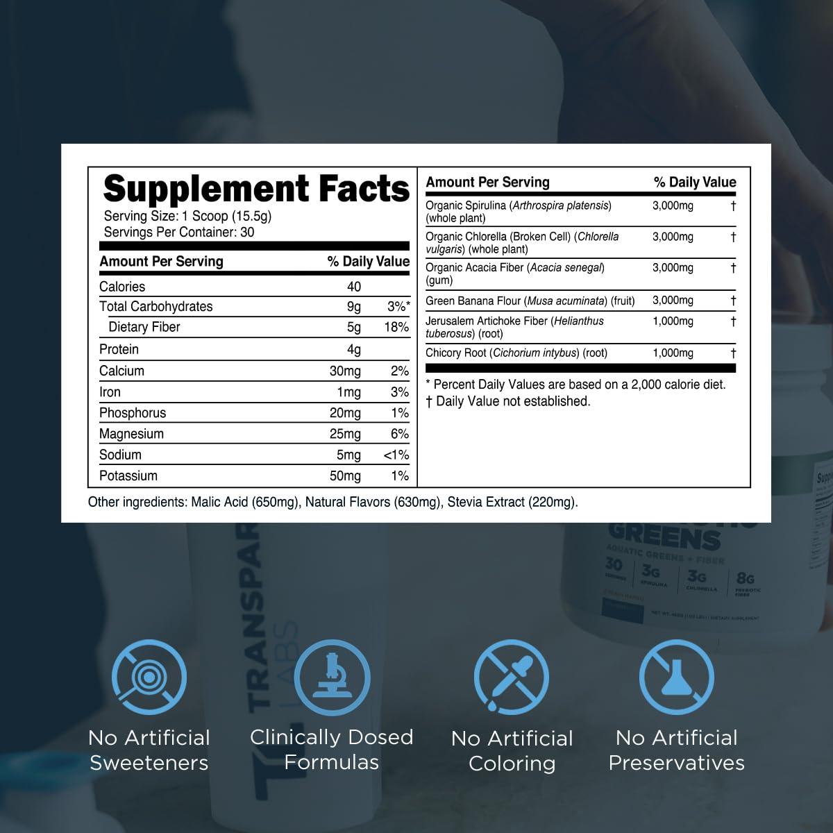 Transparent Labs Transparent Labs Prebiotic Greens - Superfood Powder & Antioxidants Supplement with Organic Spirulina, Chloerra, Acacia Powder, & Green Banana Powder - 30 Servings, Peach Mango