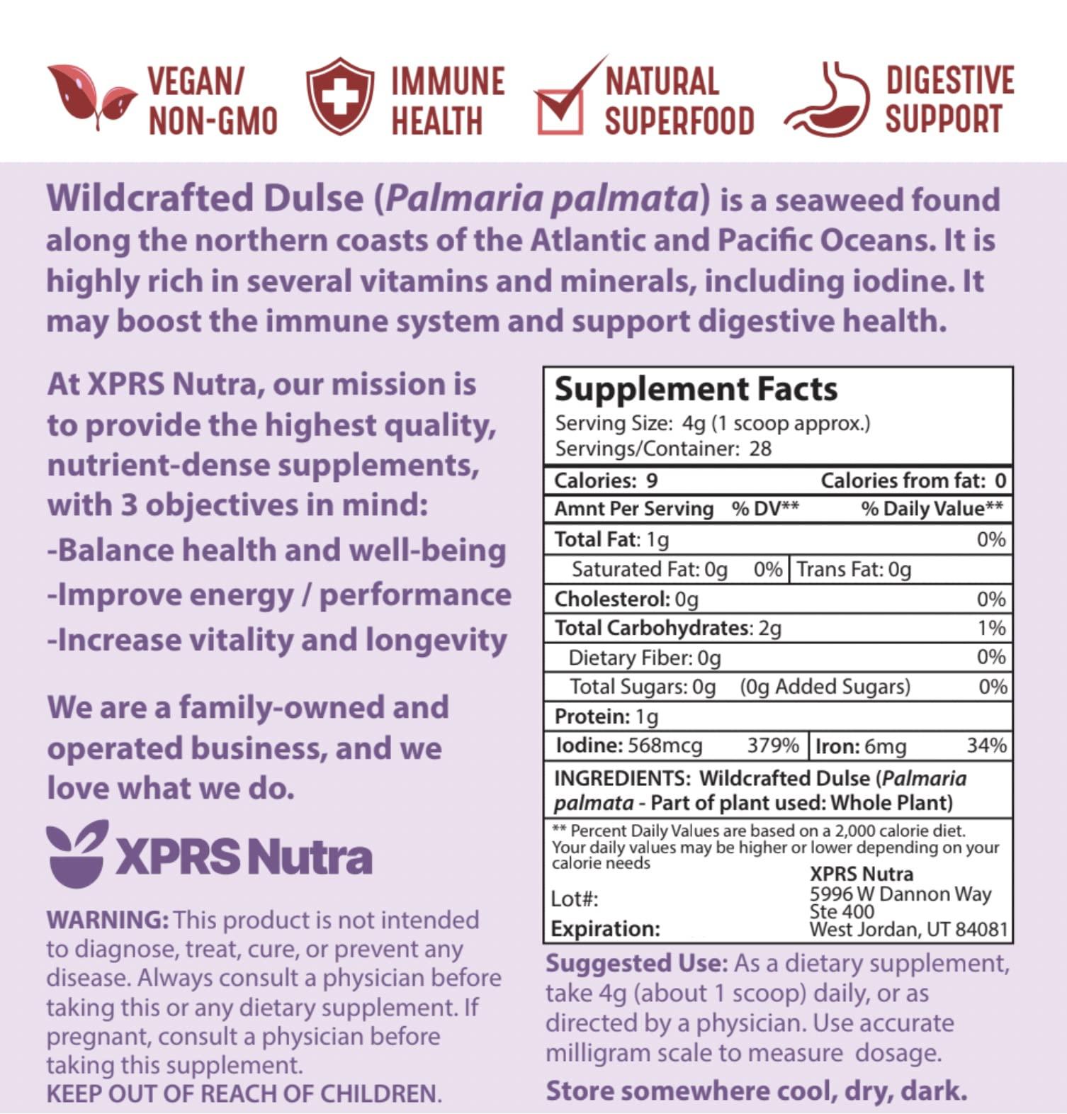 XPRS Nutra XPRS Nutra Dulse Powder (Palmaria Palmata) - Canadian Wildcrafted Nova Scotia Dulse Powder for Thyroid and Bones - Vegan Friendly Atlantic Dulse Powder (4 Ounce)