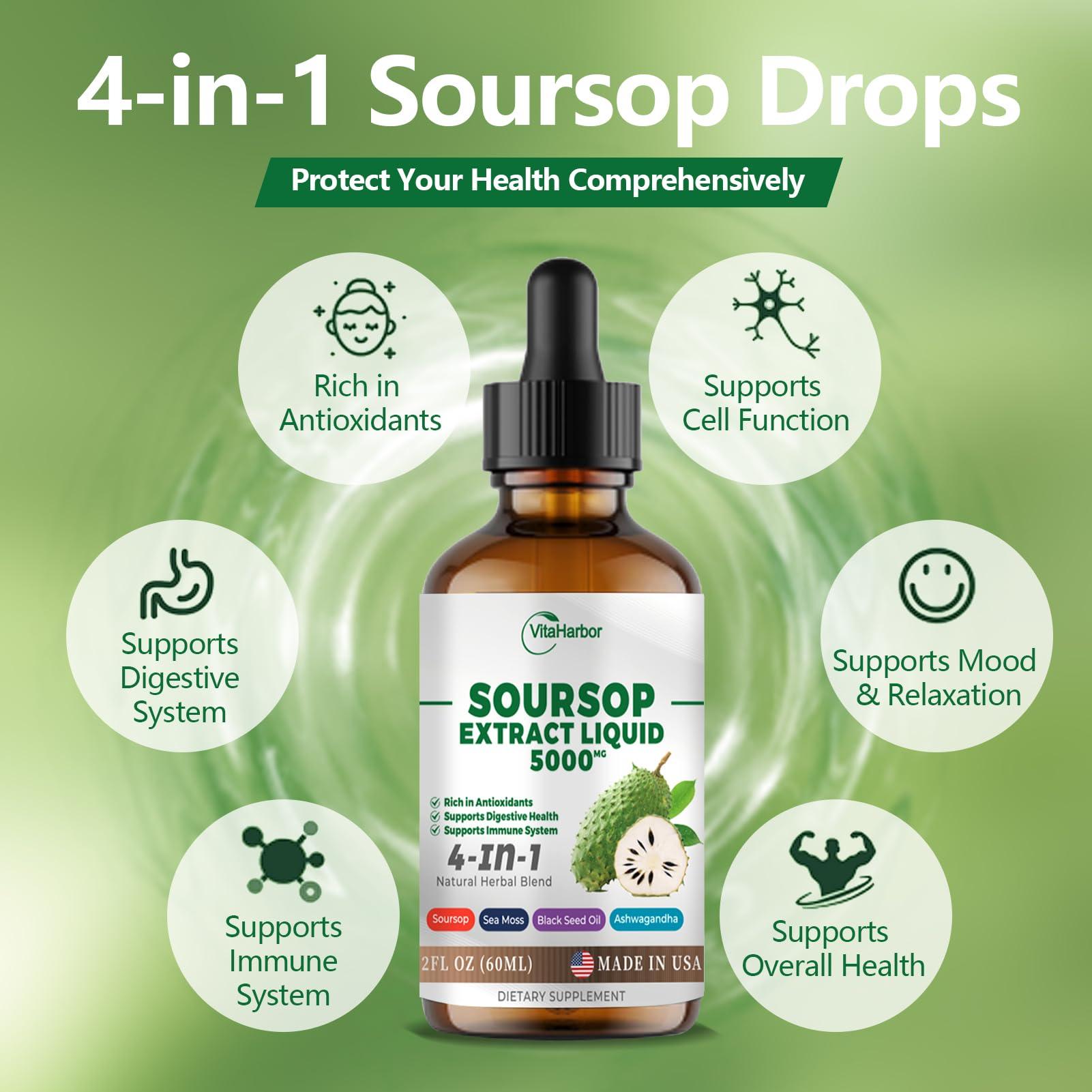 VitaHarbor 4-in-1 Soursop Bitters Liquid, Soursop Oil with Sea Moss & Black Seed Oil & Ashwagandha, for Immune & Digestive & Cell Support, Sugar-Free | Non-GMO | Vegan (2 Fl oz) Slightly Sweet Flavor