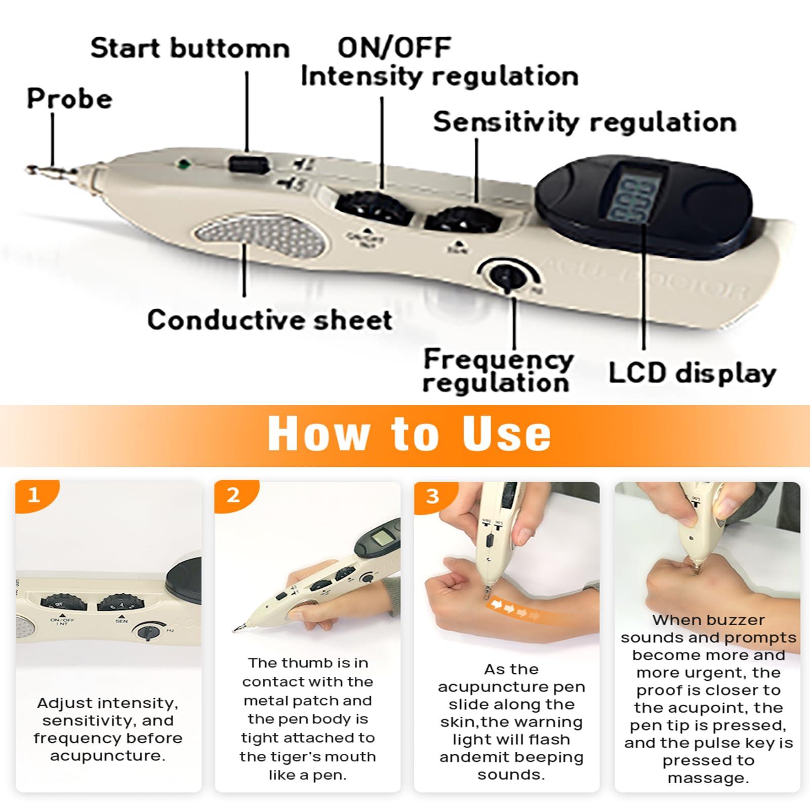 GGFSSQ Electronic Acupuncture Pen - Acupressure Pen - Electric Acupuncture Pointer, Massage Pen, Rechargable, Find Acupoints Automatically with 3 Massage Heads