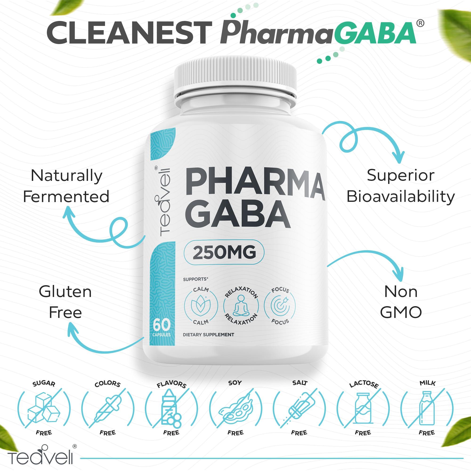 Teaveli Pharma GABA 250 mg Naturally Fermented GABA Supplement Clinically Proven to Support Relaxation, Cognitive Health, Sleep & Focus PharmaGABA Complements L-Theanine- Alternative to Gummies & Chewables