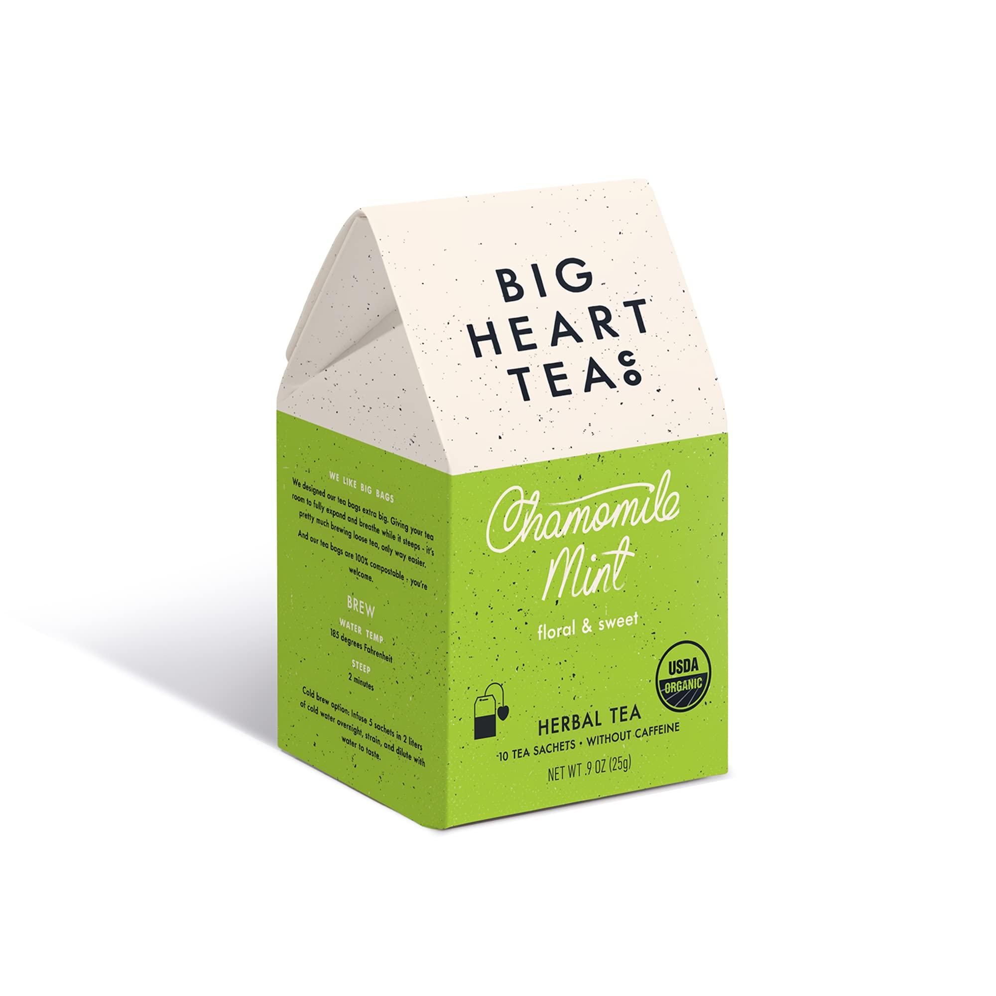 Big Heart Tea Co. Big Heart Tea Co. Tea Bags - Chamomile Mint - Certified Organic, Calming Herbal Decaf Tea in Zero Plastic Sachets with Small Batch Ground Herbs - Spearmint and Lemongrass, 10 Tea Bags