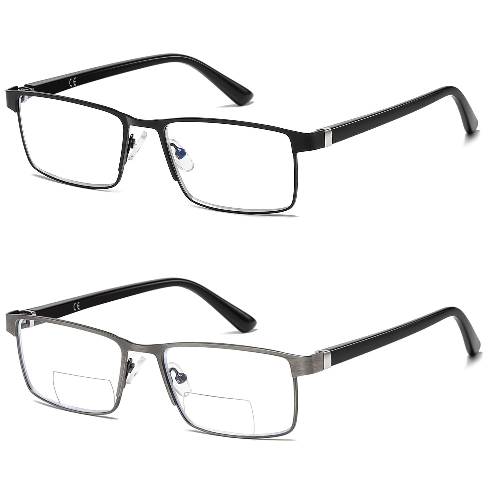LKEYE Bifocal Reading Glasses for Men Blue Light Blocking Computer Readers Lightweight Metal Frame Eyewear Spring Hinge 2PACK 1.25