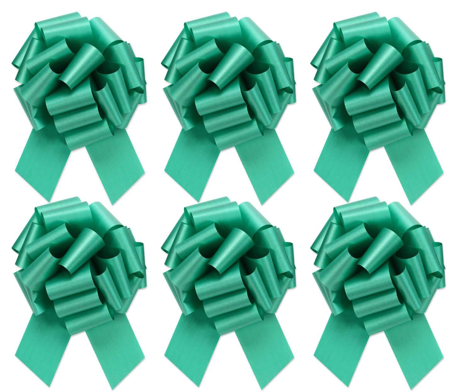 Golden Leaf Large Emerald Green Gift Wrap Pull Bows - 5\" Wide, Green Ribbon Big Pull Flower Bows for Christmas Gifts and Presents, Set of 6 (Emerald Green)