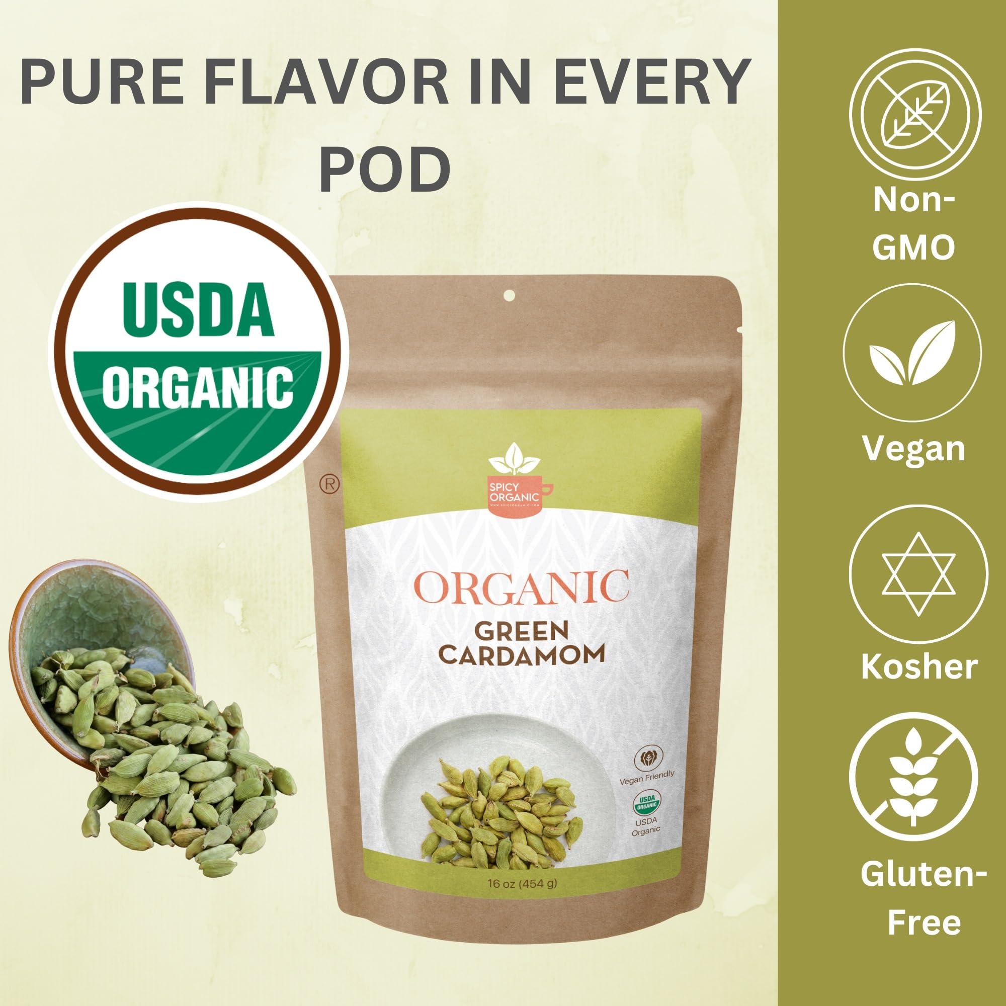 SPICY ORGANIC SPICY ORGANIC Jumbo Size Green Cardamom Pods - 4 oz - 100% Pure USDA Organic - Non-GMO, Gluten-Free - Comes in a Resealable Pack - Freshly Harvested - 90 Servings Per Container