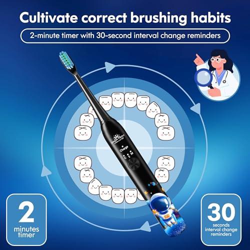 DADA-TECH Kids Electric Toothbrush Rechargeable Age 3-5-6-12-18 Year Old, Sonic Toothbrush Kids with Timer 3 Modes 4 Vibrating Heads Habit Stickers Tooth Brush for Girls Boys and Childrens (Astronaut Black)