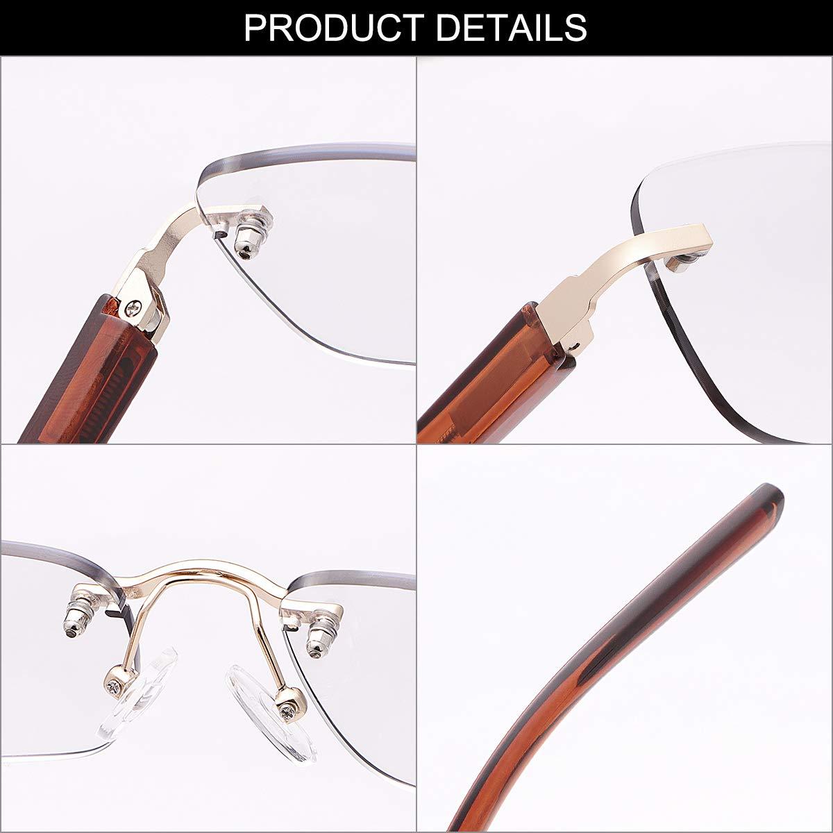 MIRYEA Rimless Bifocal Reading Glasses Spring Hinge Photochromic Sun Readers Transition Shades Computer Blue Light Blocking Sunglasses UV400 Protection Anti Glare Eyewear Gaming Eyeglasses for Men and Women