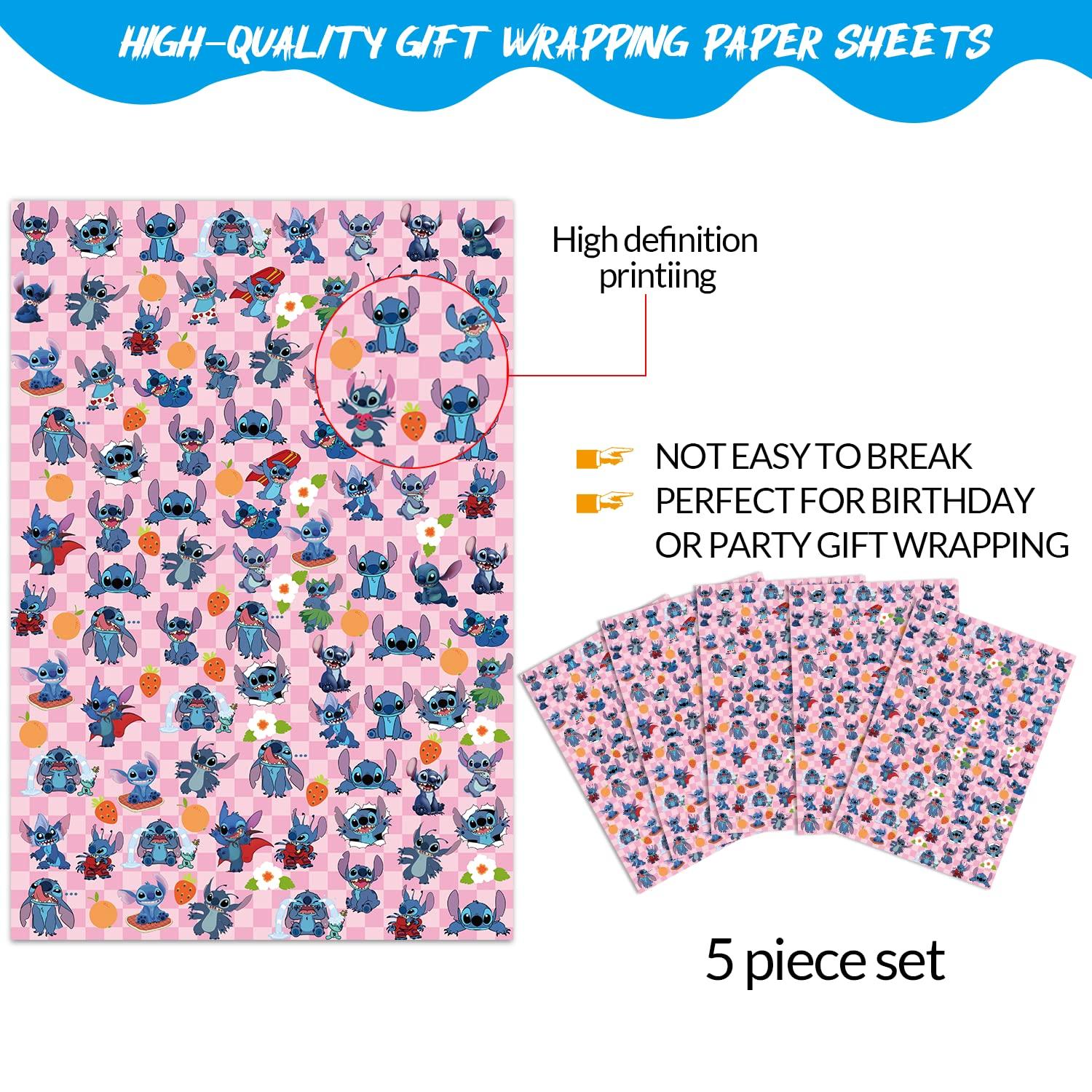 EYQQM EYQQM Pack of 5 Stitch Gift Wrapping Paper 51x75cm Kraft Paper Gift Wrap Pack for Kids Birthday, Party Storage Festive Decoration (Pink)