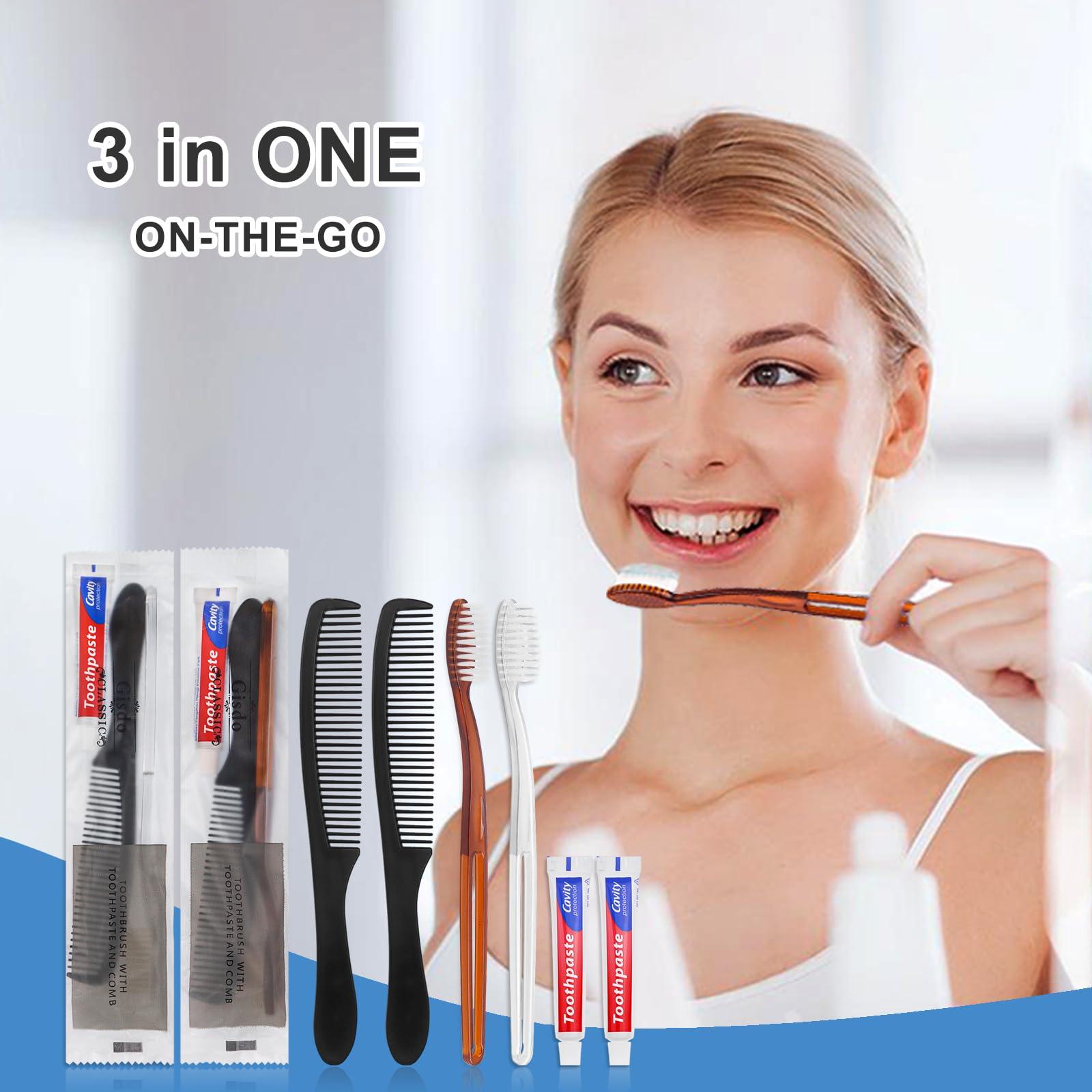 Gisdo Gisdo 50 Pcs Disposable Toothbrushes with Toothpaste and Comb Individually Wrapped,10g Travel Toothpaste,7inch Black Hair Comb,Bulk Toothbrush for Hotel,AirBnb,Shelter,Charity