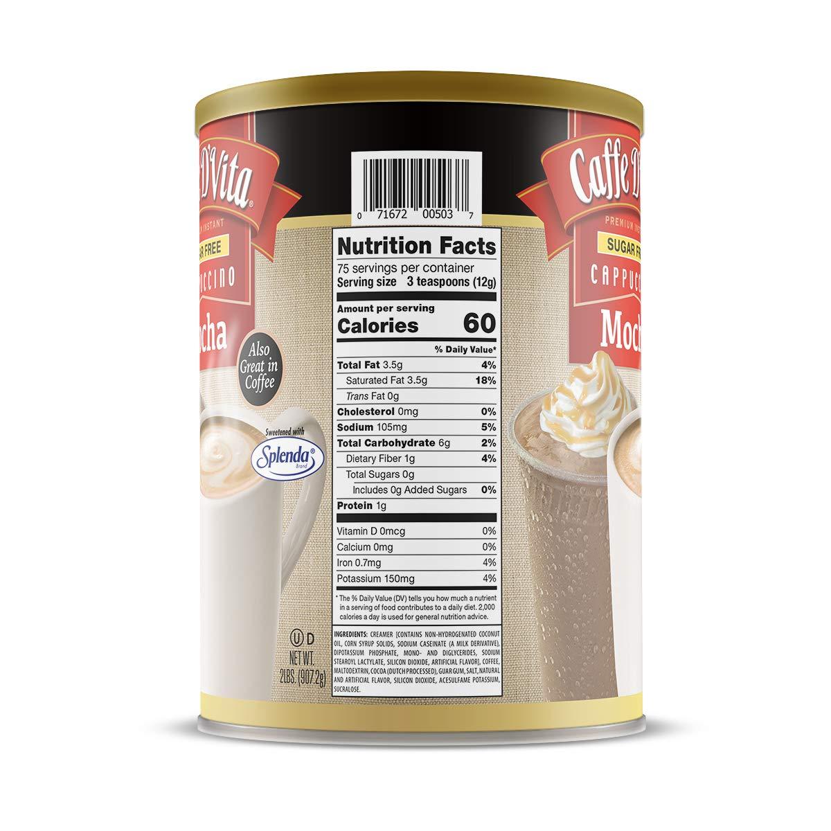 Caffe D'Vita Caffe DVita Sugar Free Mocha Cappuccino Mix - Sugar Free Mocha Mix, Gluten Free, No Cholesterol, No Trans Fat, 99% Caffeine Free - 2 lb. (32 oz.) can