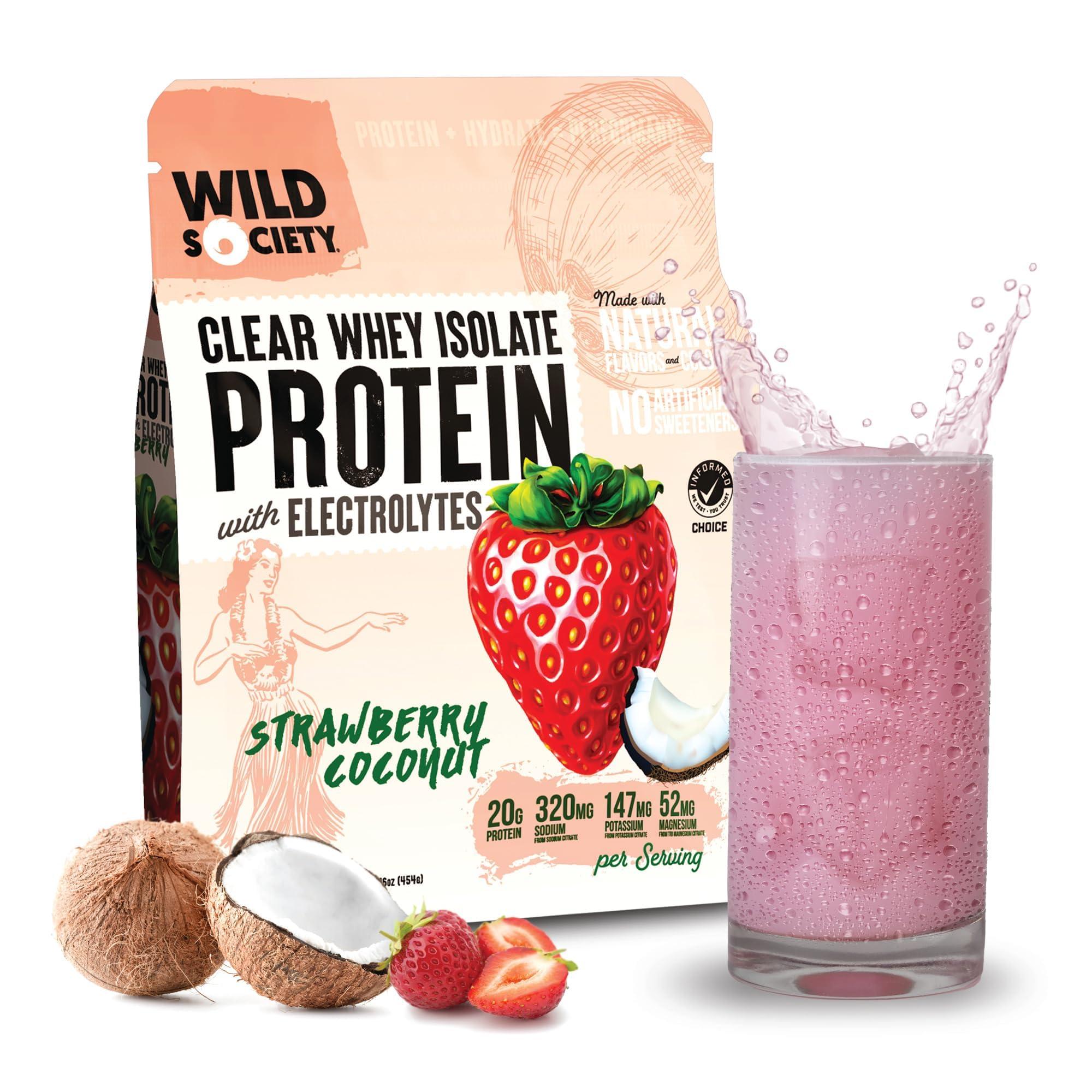 WILD SOCIETY WILD SOCIETY - Premium Clear Whey Protein + Electrolytes - Refreshing Whey Protein Isolate Powder - 20g Protein, 0 Added Sugar, GMO-Free, Natural Flavors & Colors - Strawberry Coconut, 16 oz