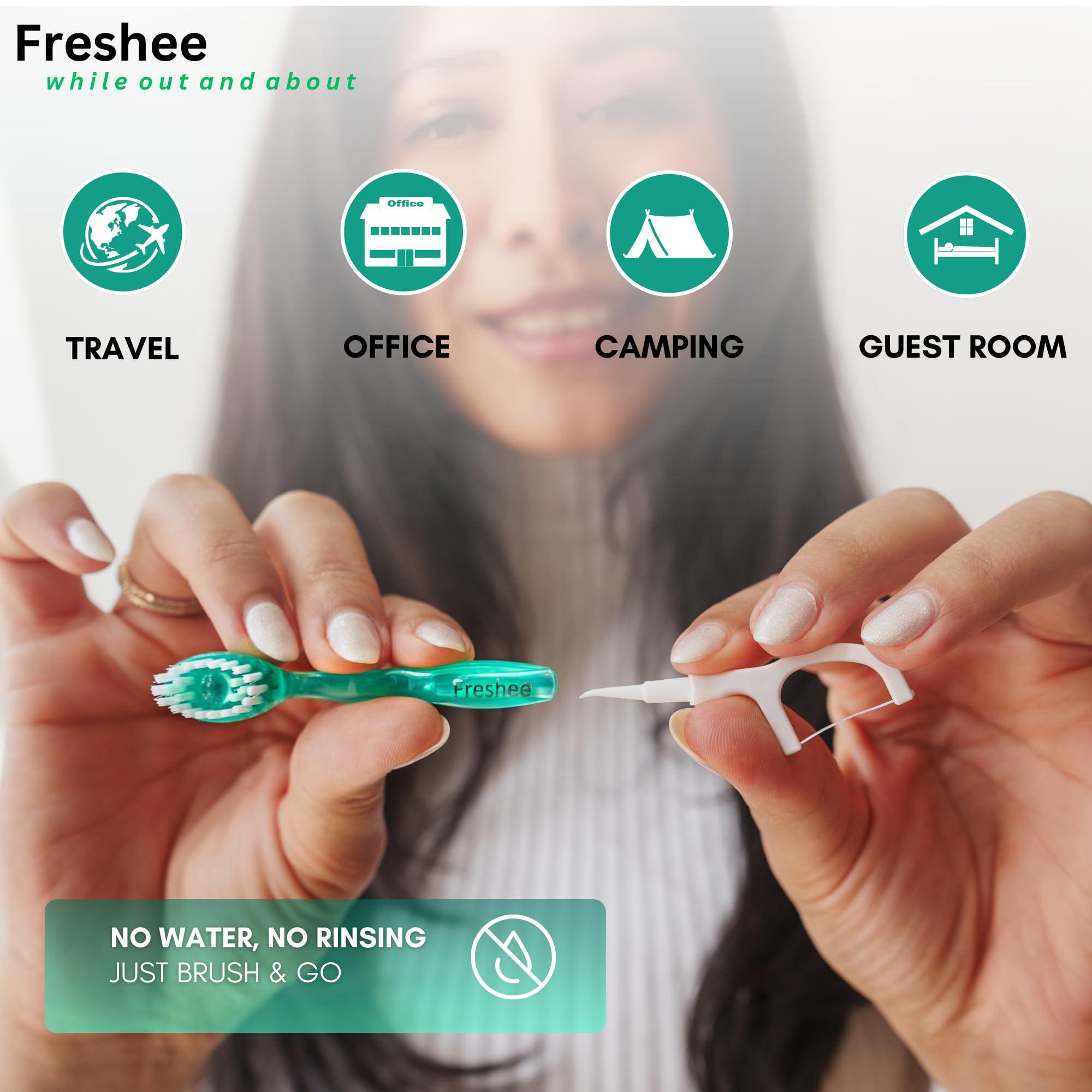 Freshee Freshee 5 in 1 Disposable Mini Toothbrush with Toothpaste + Floss + Pick + Tongue Scraper | Travel Size | Individually Wrapped | Soft | Mint | Travel Set | Oral Care