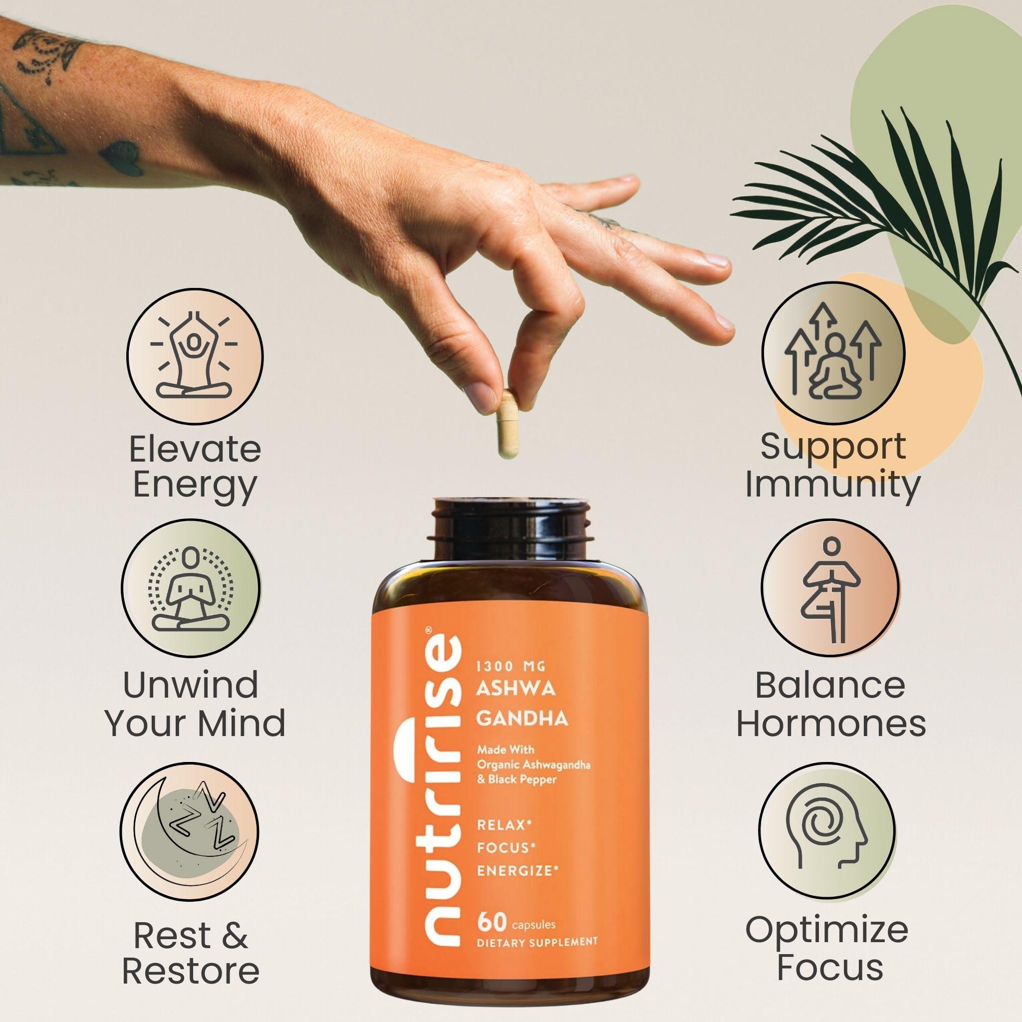 NutriRise NutriRise Organic Ashwagandha Root Capsules with Black Pepper, 1300mg, Natural Stress & Mood, Thyroid & Immune Support Supplement, Clarity, Focus & Energy, Gluten Free, 60 Count