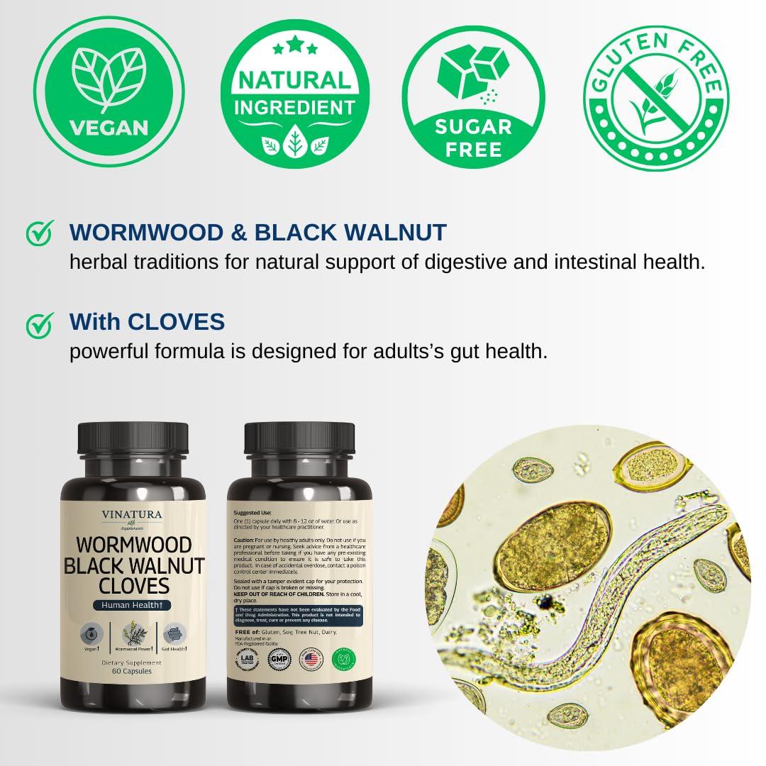 VINATURA VINATURA Wormwood Black Walnut Clove Capsules - Cleanse, Detox, Intestinal Guard Formula Supplement for Humans, with Wormwood herb, Black Walnut Extract Combination, 60 Capsules