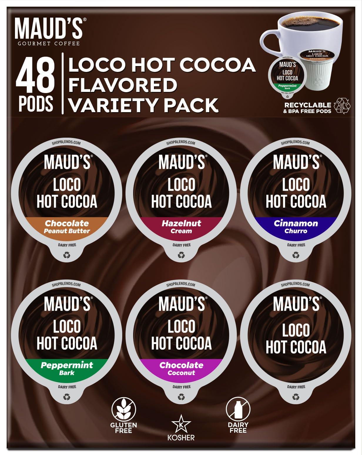 MAUD\'S Maud\'s Flavored Hot Chocolate Variety Pack, 48ct. Solar Energy Produced Recyclable Single Serve Gluten & Dairy Free Flavored Hot Cocoa Pods, 100% California Blended Hot Cocoa Variety, KCup Compatible