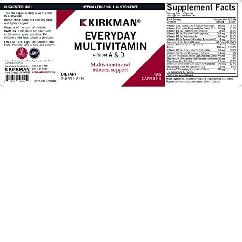 Kirkman Kirkman - EveryDay Multivitamin without Vitamins A & D - 180 Capsules - Comprehensive Multivitamin - Mineral Support - Hypoallergenic