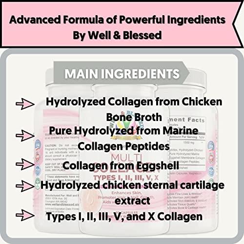 Well and Blessed Multi Premium Collagen Supplements for Women with Vitamin C, E -Tighten Skin, Reduce Wrinkles, Strong Nails, Joints & Hair Growth - Anti Aging Skin Care Supplements for Women -90 Capsules