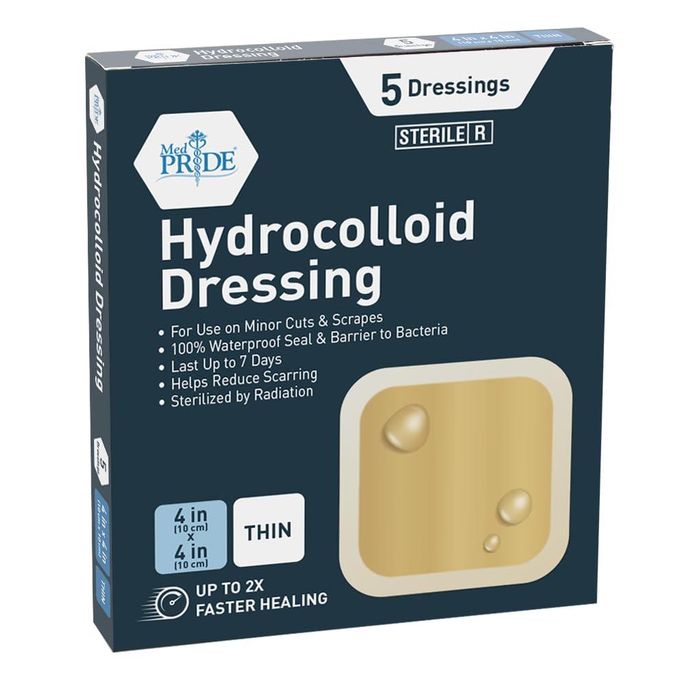 MED PRIDE MED PRIDE Hydrocolloid Dressing 4x4, 5-Pack Sterile Adhesive Hydrocolloid Pads, Ulcer Bandages, Highly Absorbent, Water-Resistant, Comfortable
