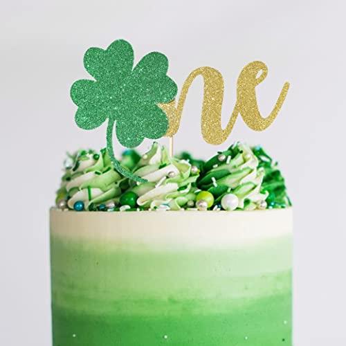 BOOMPA St Patrick’s Day Birthday Cake Topper - Lucky St Paddy’s Day Four Leaf Clover - Irish Themed Cake Decorations - Lucky 1st Happy Birthday For Gold Cake Flag - Best Photo Booth Props (ONE)
